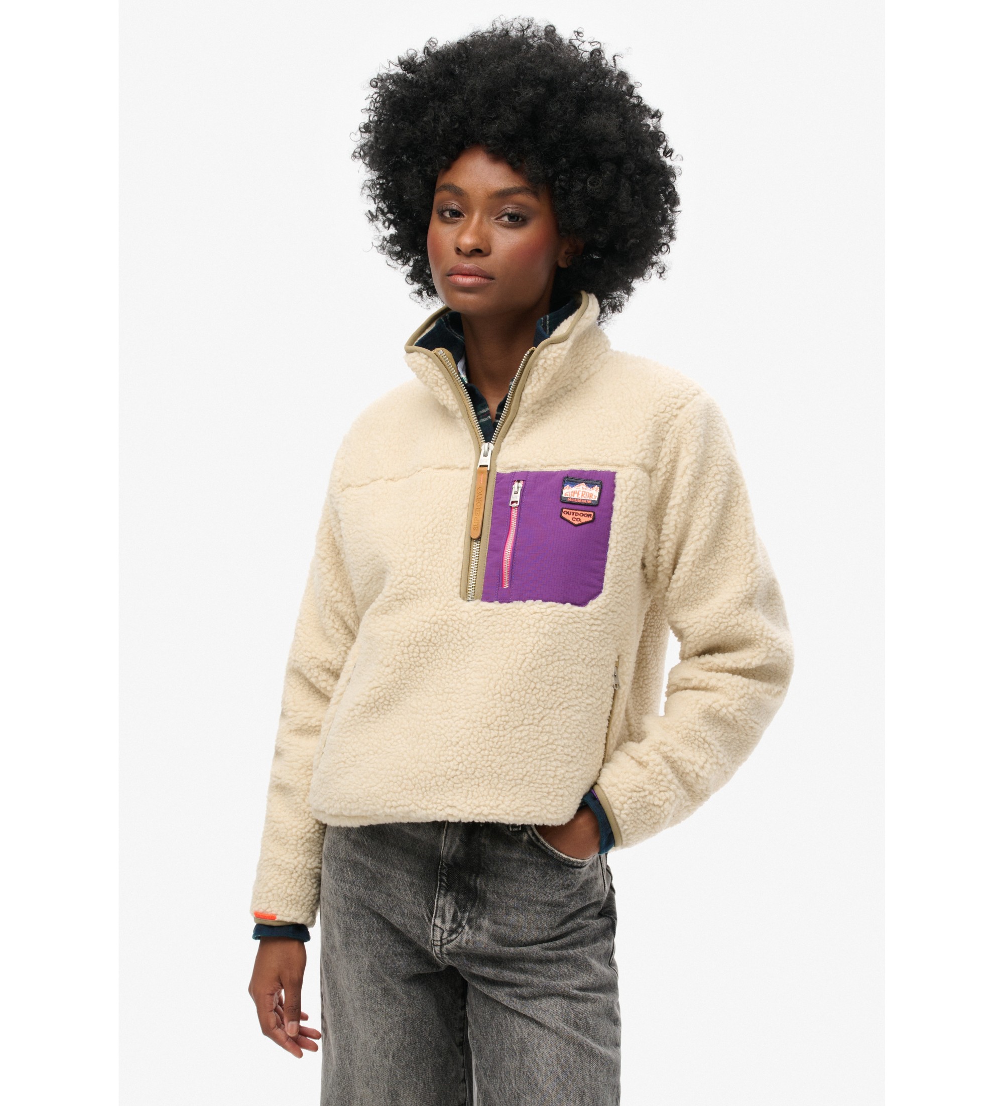 Superdry für Damen. W2012343A Vintage Retro beige halber Reißverschluss Fleece (XS), Lässig, Polyester