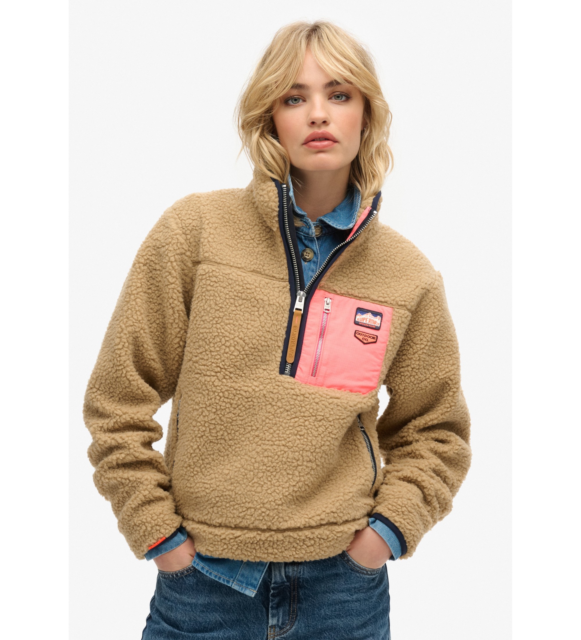 Superdry für Damen. W2012343A Vintage Retro beige halber Reißverschluss Fleece (S), Lässig, Polyester