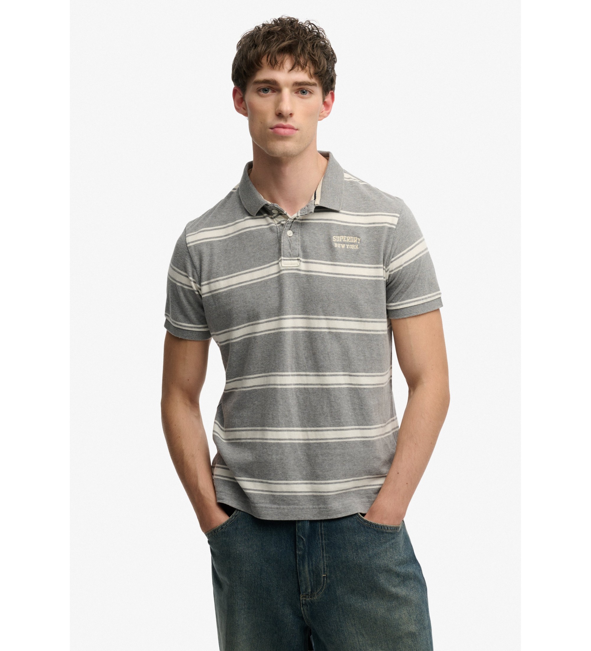 Superdry für Herren. M1110464A Graues Poloshirt mit Vintage-Streifen (L), Lässig, Baumwolle, Kurzarm