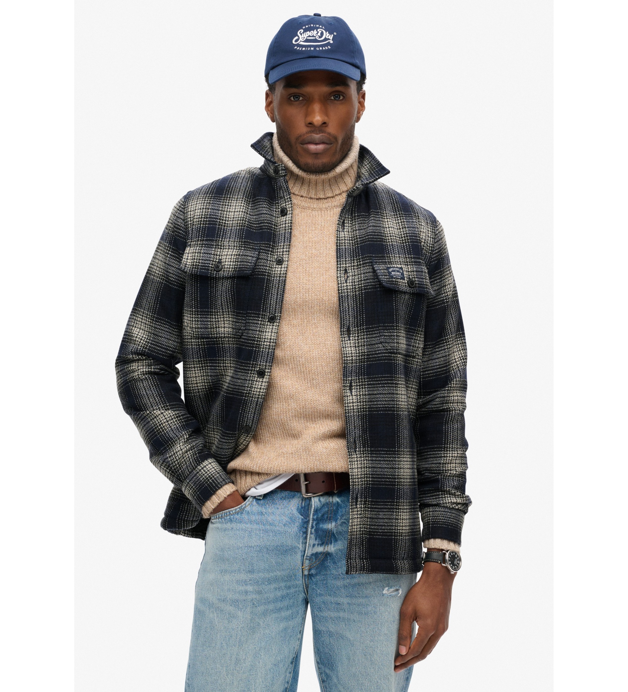 Superdry für Herren. M4010720A Kariertes Wollüberhemd mit marineblauem Fleecefutter (M), Lässig, Polyester, Langarm
