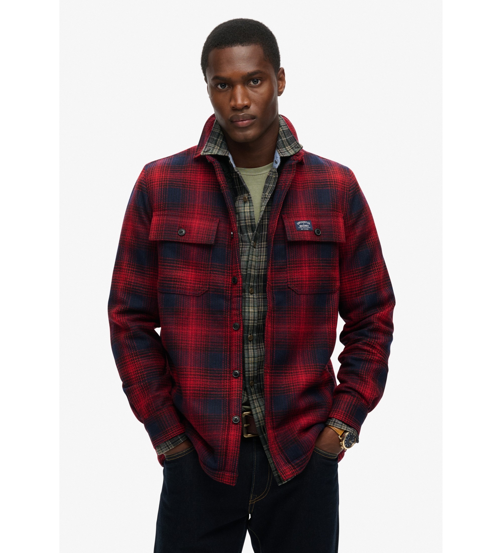 Superdry für Herren. M4010720A Rotes, mit Fleece gefüttertes Wollkaro-Oberhemd (S), Lässig, Polyester, Langarm
