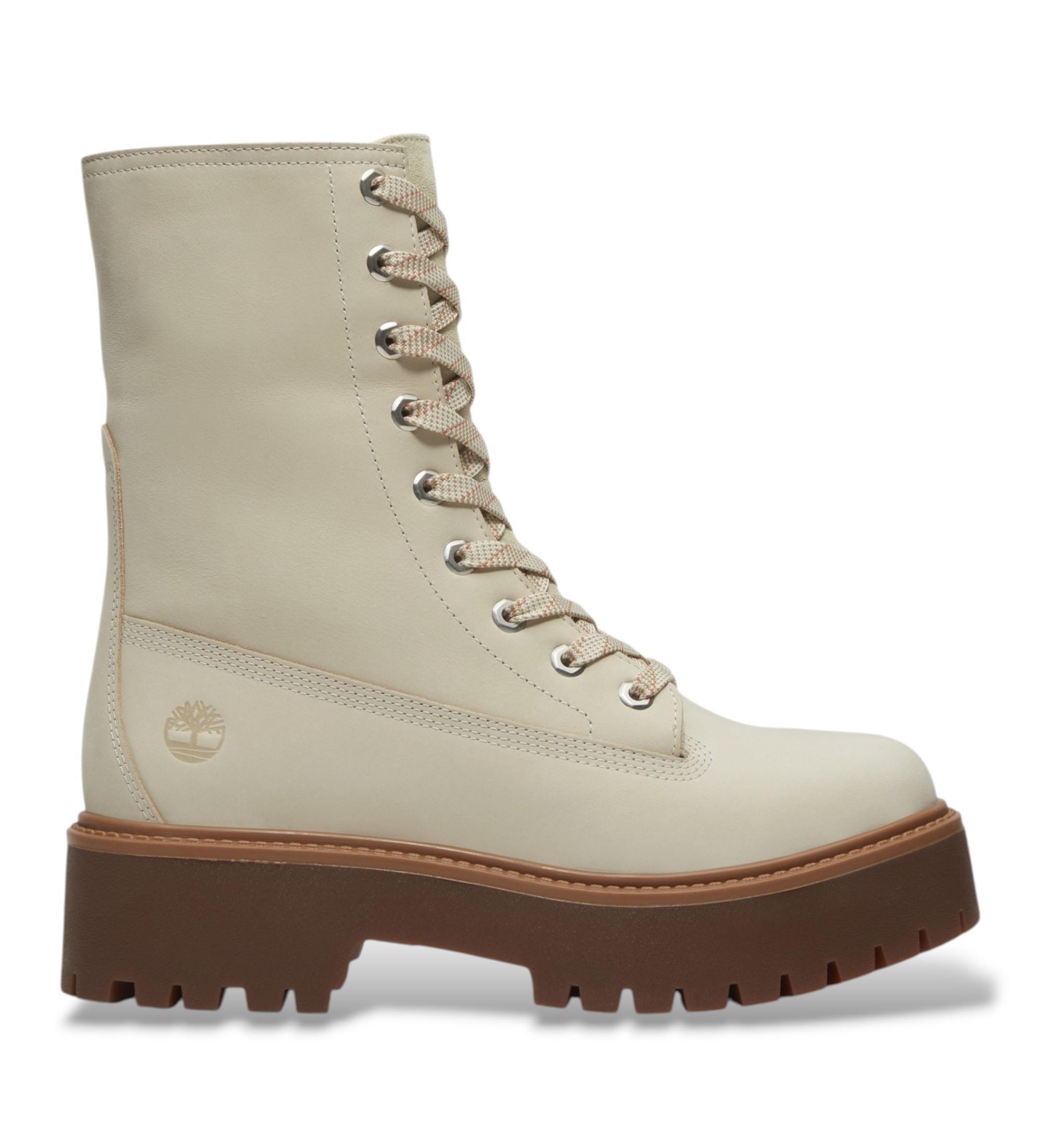 Timberland für Damen. TB0A5SAHEN71 Beigefarbene Lederstiefel von Stone Street (38.5 W), Wohnung, Schnürsenkel, Lässig
