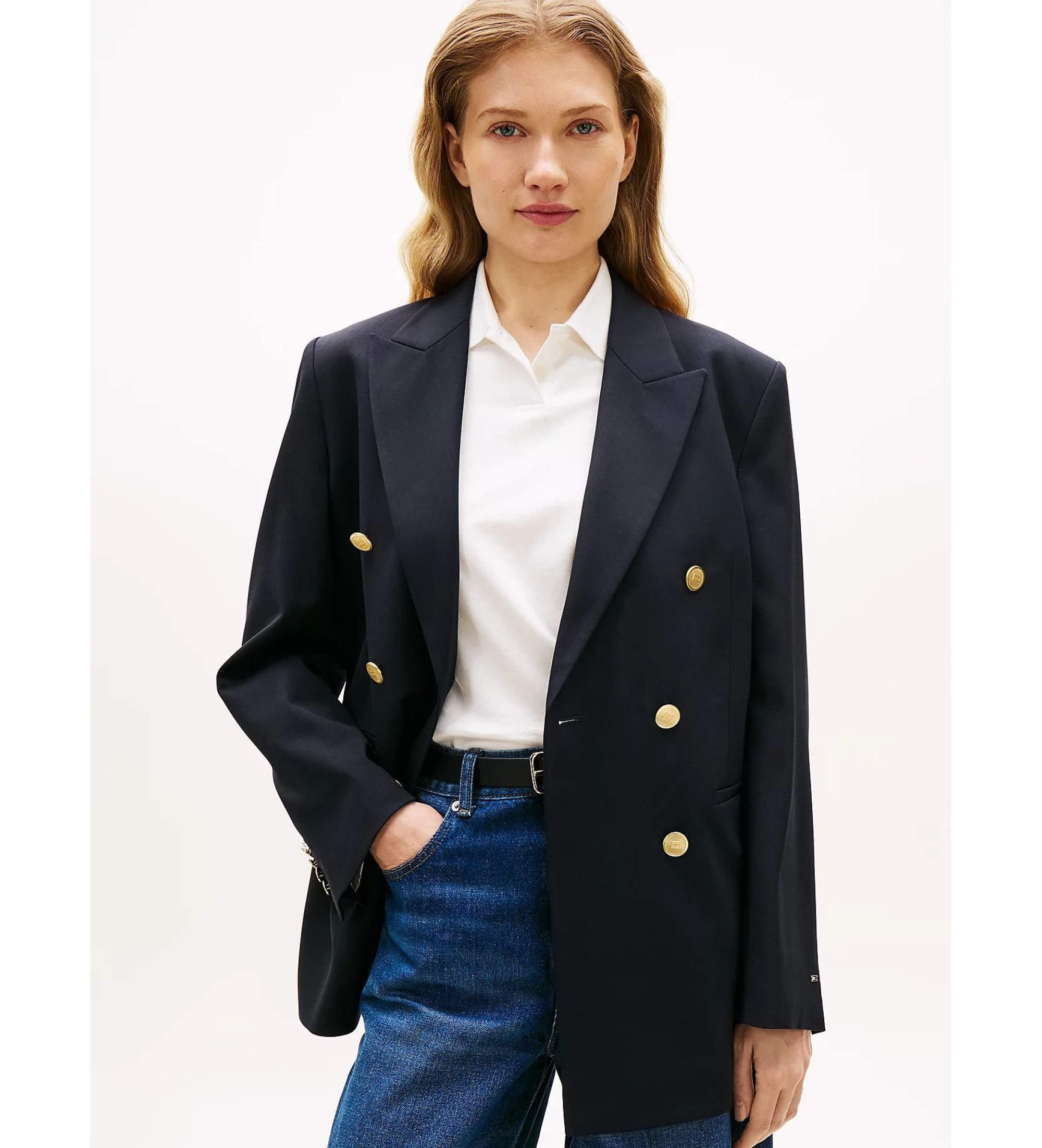 Tommy Hilfiger für Damen. WW0WW50784 Zeitloser, weit geschnittener Marineblazer (36), Lässig, Polyester, Langarm