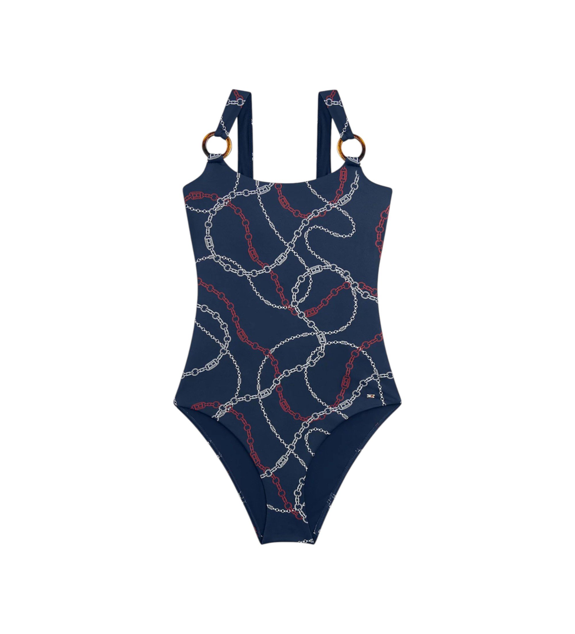 Tommy Hilfiger für Damen. UW0UW06481 Marinefarbener Badeanzug mit tiefem Rückenausschnitt und Ringen (S), Strandbekleidung, Nylon