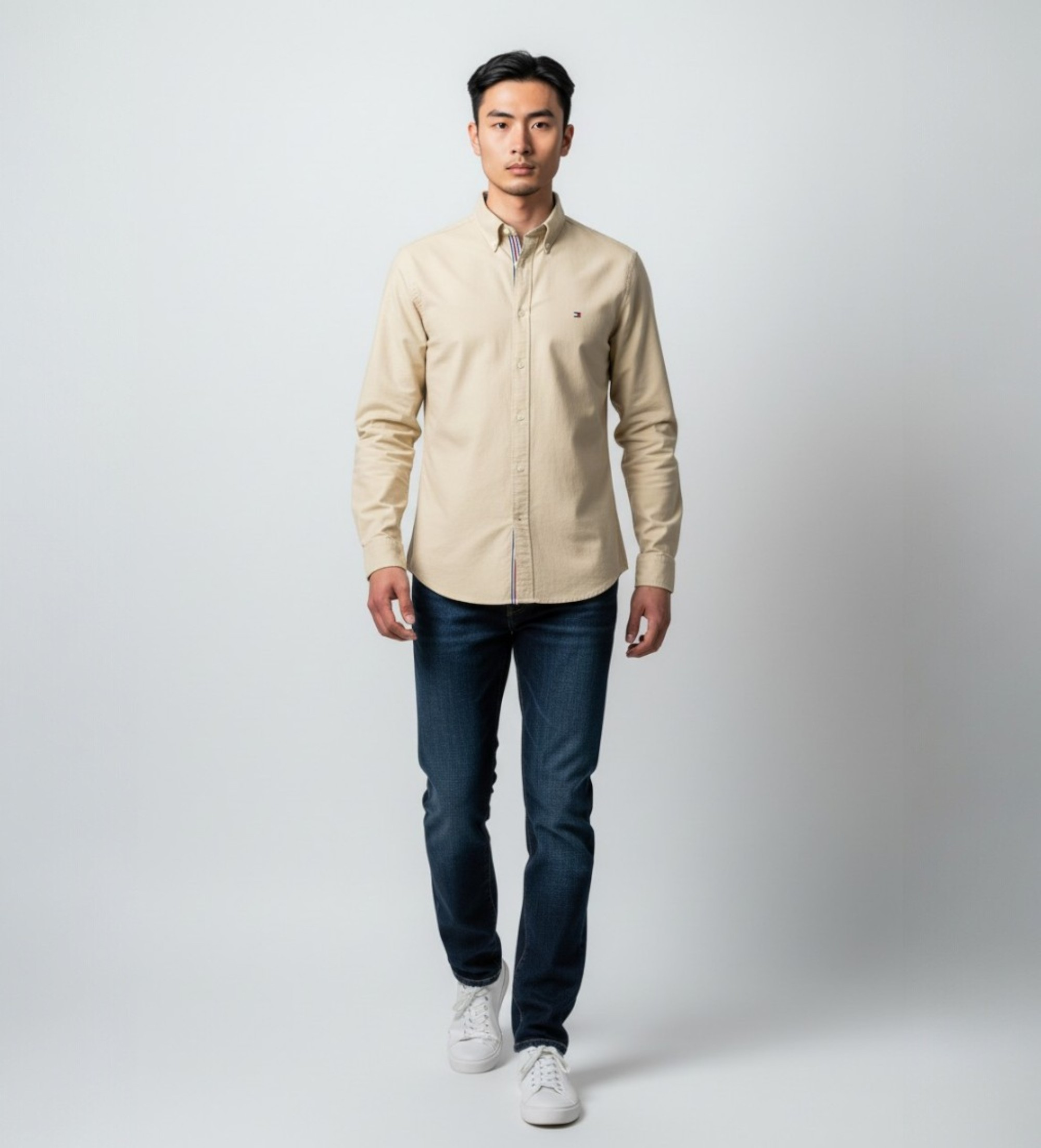 Tommy Hilfiger für Herren. MW0MW42455 Beigefarbenes Freizeithemd (L), Lässig, Baumwolle, Klassisch, Langarm