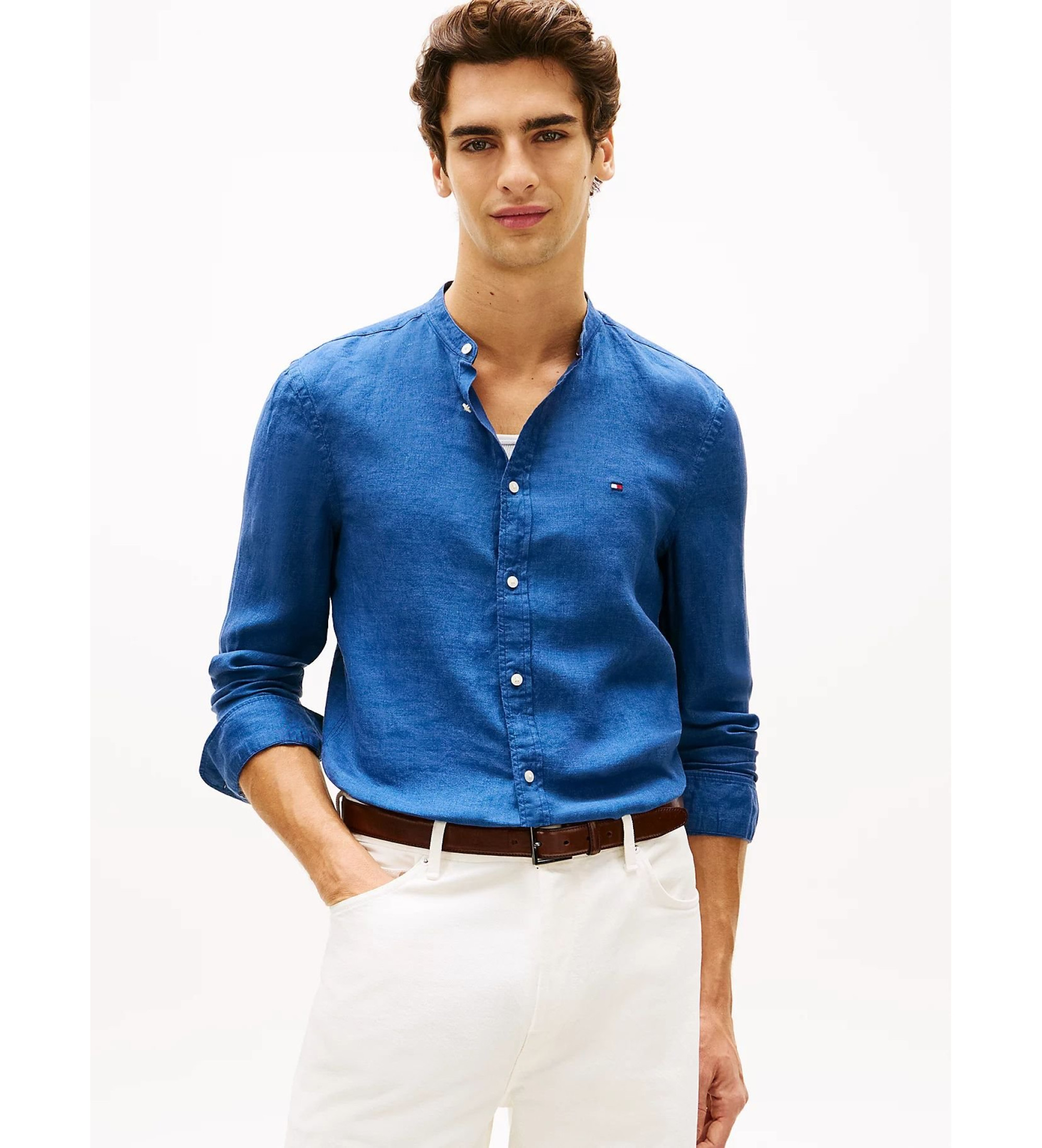 Tommy Hilfiger für Herren. MW0MW39271 Schmal geschnittenes Leinenhemd aus blauem Leinen (M), Lässig, Party, Klassisch, Langarm