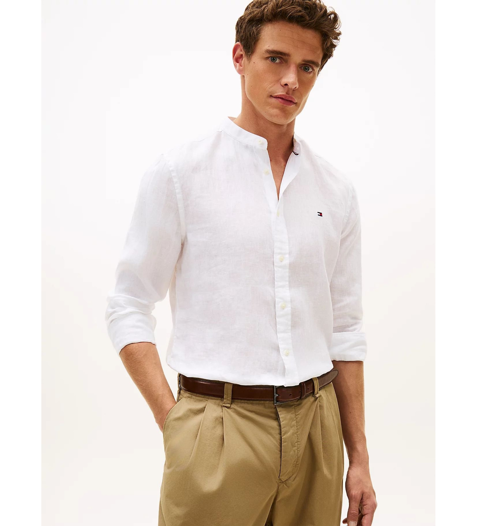 Tommy Hilfiger für Herren. MW0MW39271 Schmal geschnittenes Hemd aus weißem Leinen (XL), Lässig, Party, Klassisch, Langarm