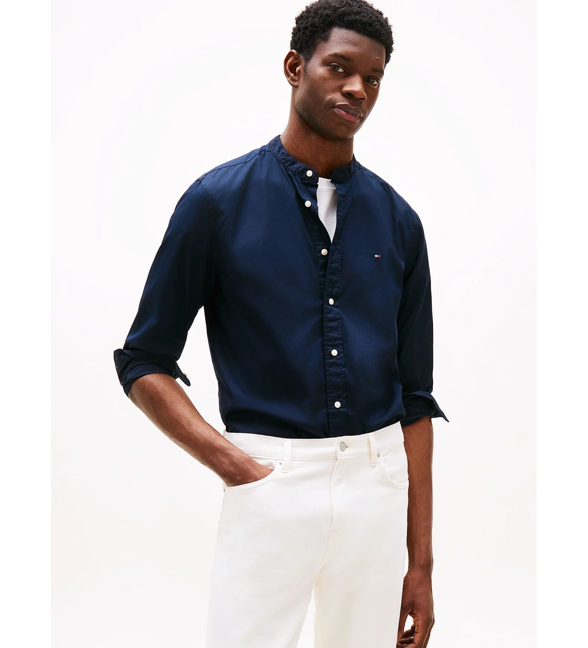 Tommy Hilfiger für Herren. MW0MW39966 Flex-Hemd mit marineblauem Kragen (S), Lässig, Baumwolle, Langarm