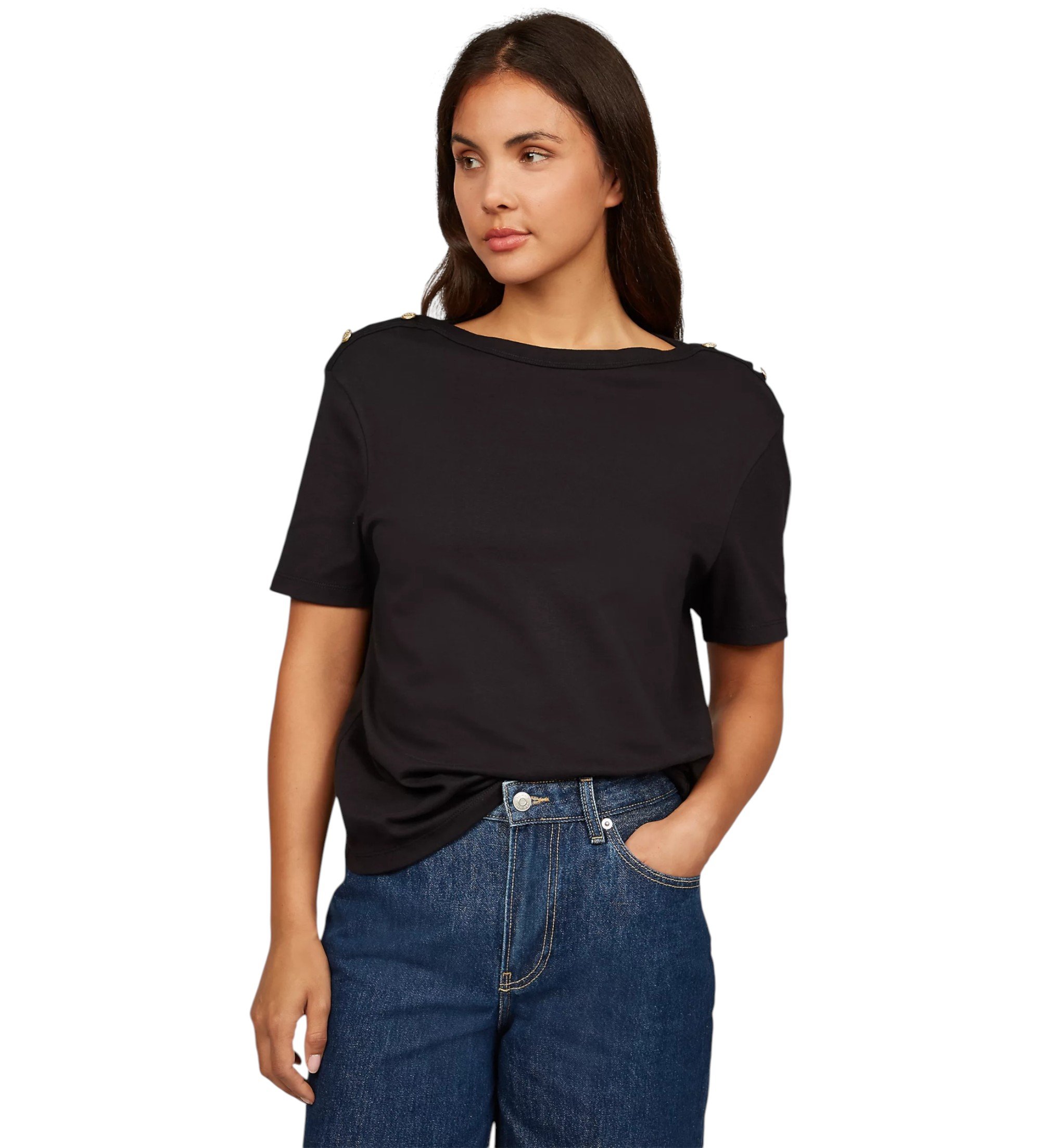 Tommy Hilfiger für Damen. WW0WW42907 Breit gestreiftes T-Shirt mit schwarzem Bootsausschnitt (S), Lässig, Baumwolle, Kurzarm
