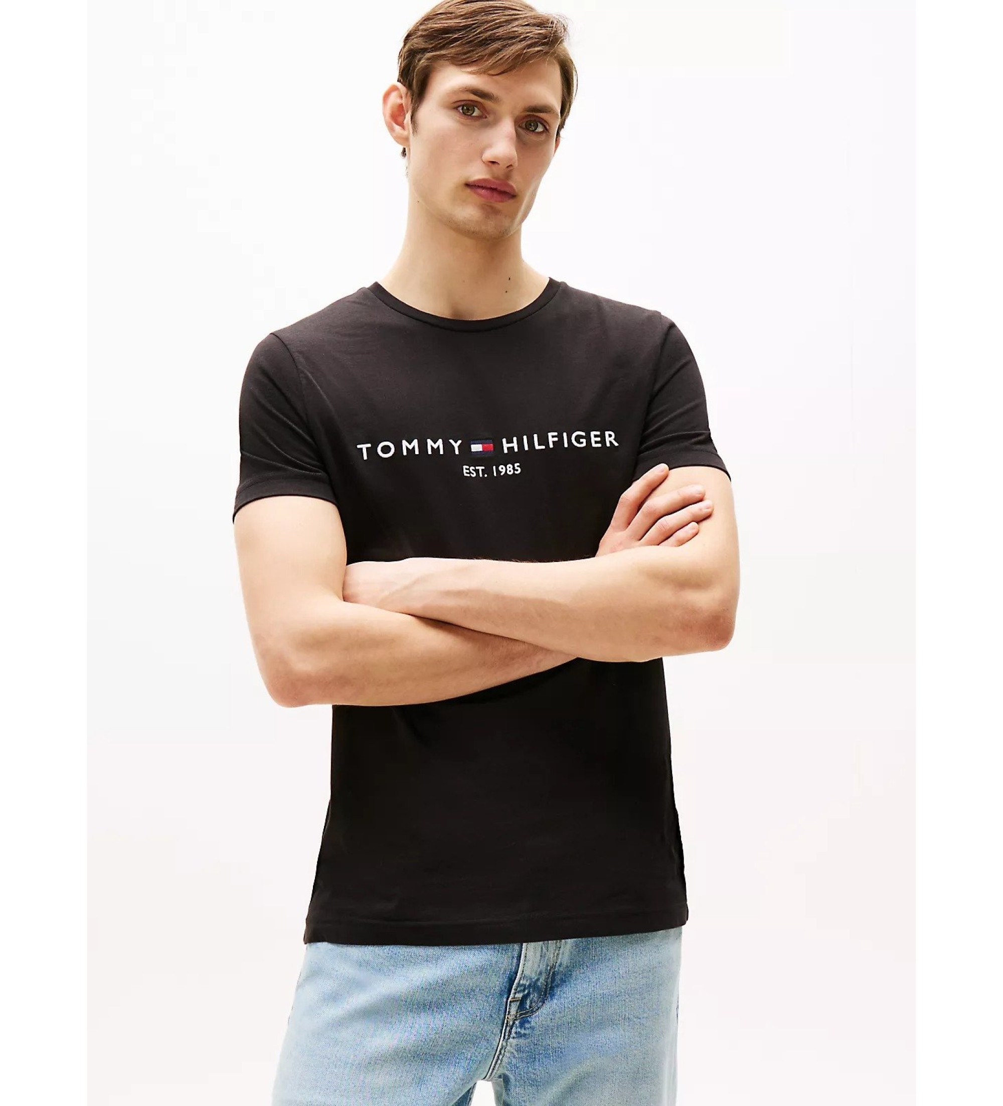 Tommy Hilfiger für Herren. MW0MW11465 T-shirt mit schwarzem Logo (S), Lässig, Elastan, Kurzarm, Bio-Baumwolle