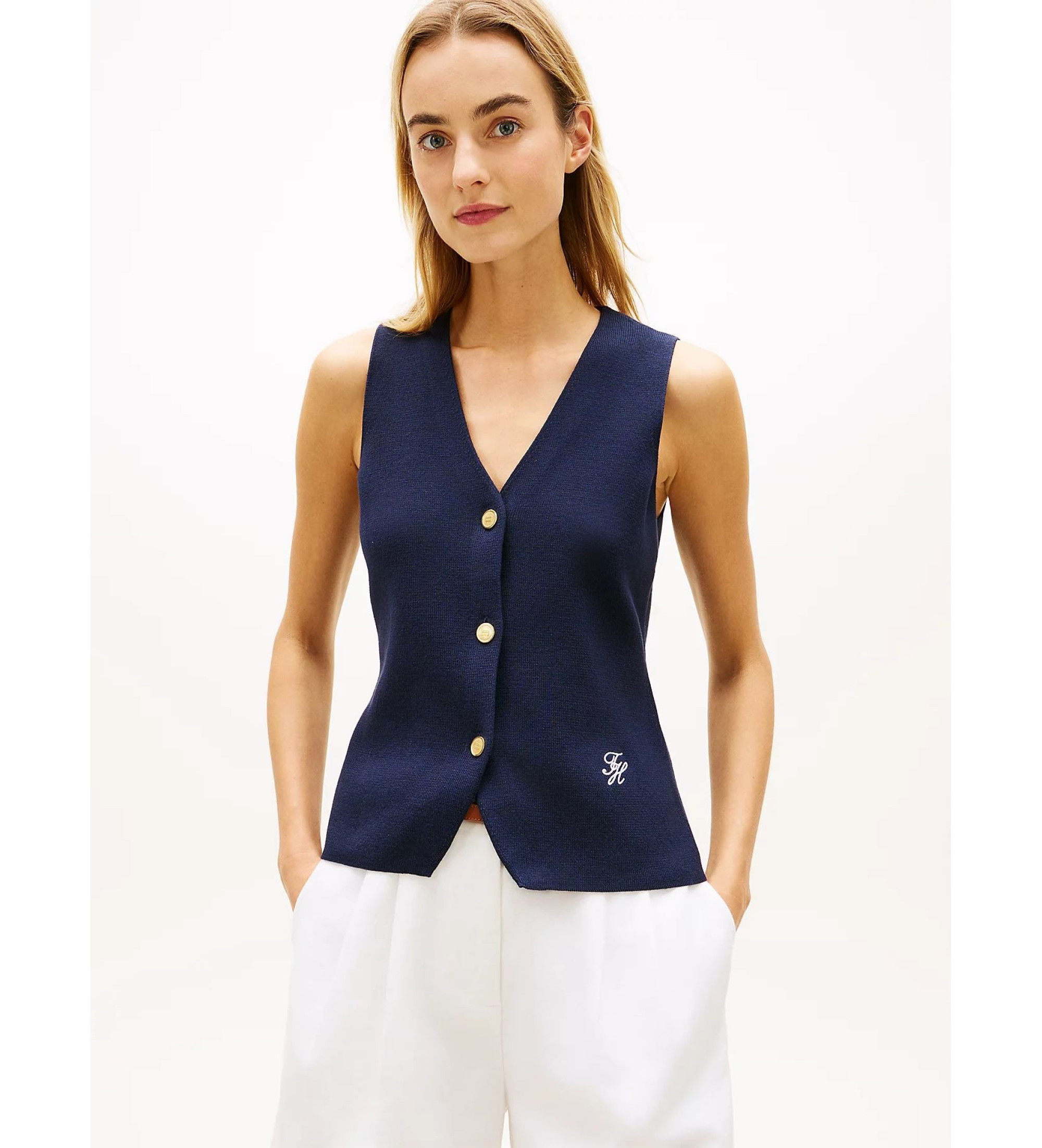 Tommy Hilfiger für Damen. WW0WW49707 Premium-Strickweste navy (M), Lässig, Baumwolle, Marine