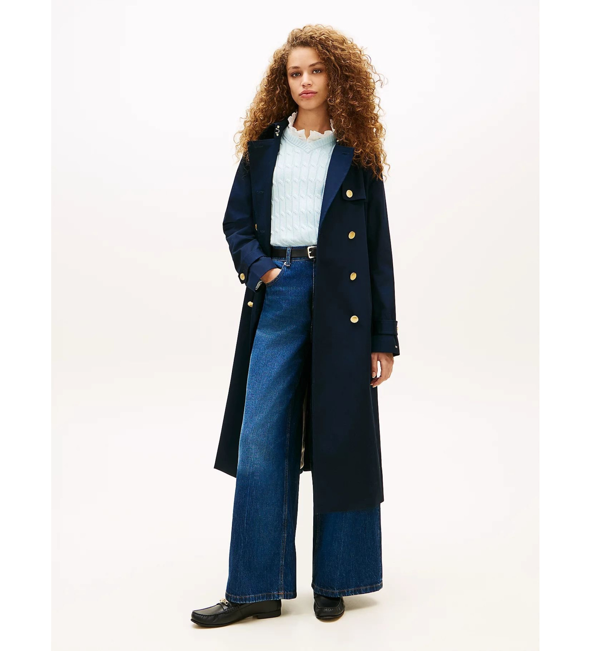 Tommy Hilfiger für Damen. WW0WW48873 Marineblauer, schmal geschnittener Trenchcoat mit goldenen Knöpfen (M), Lässig, Baumwolle