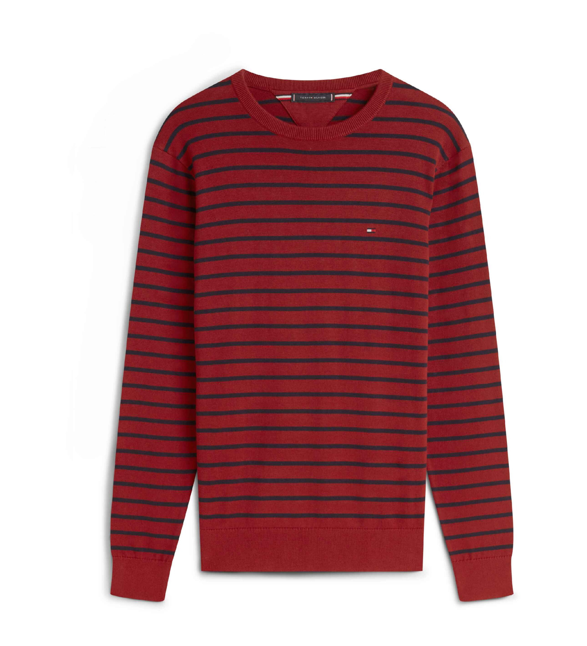 Tommy Hilfiger für Herren. MW0MW39999 Pullover mit Rundhalsausschnitt und roter Logostickerei (L), Lässig, Baumwolle