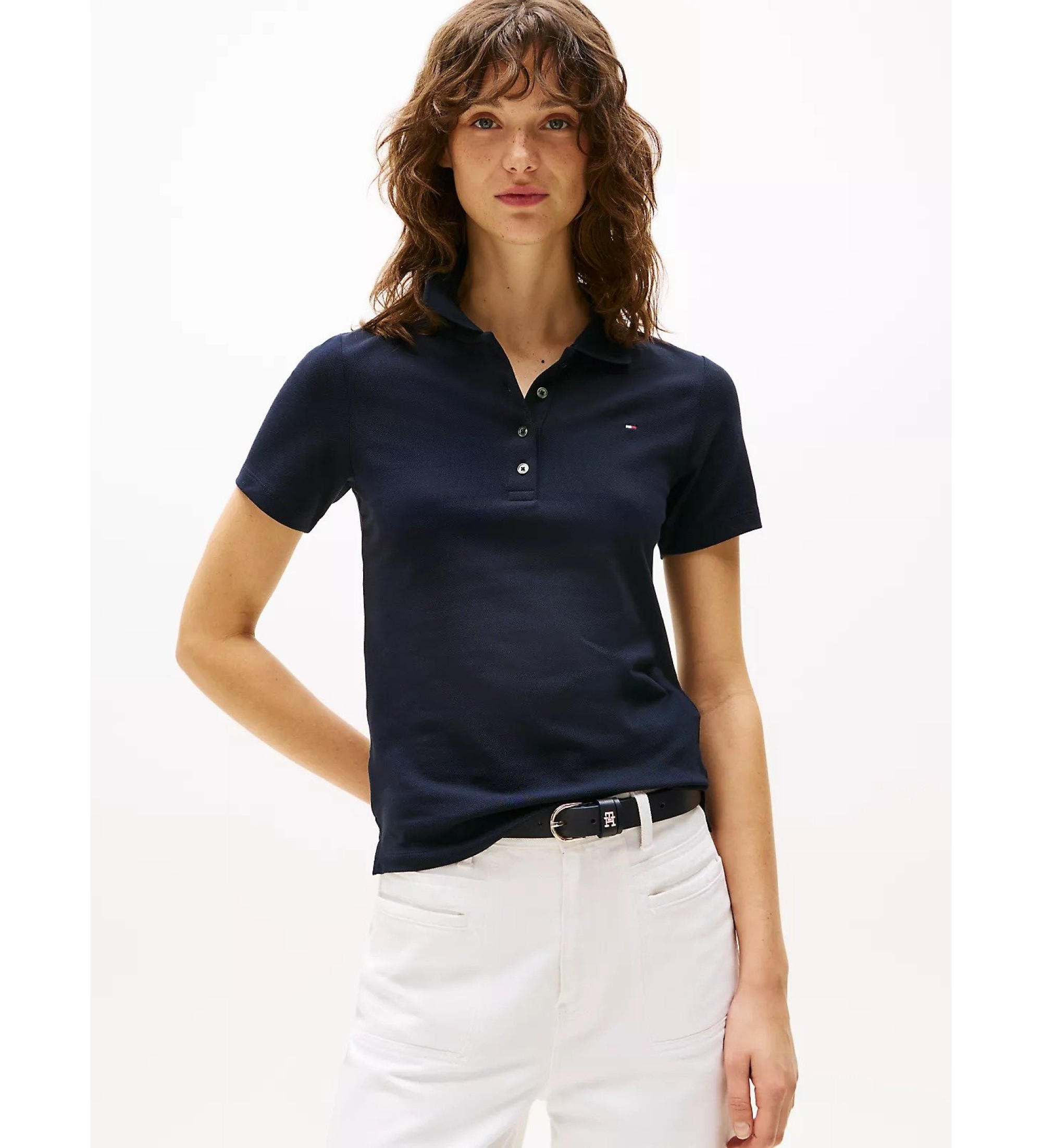 Tommy Hilfigervoor vrouwen. WW0WW42047 1985 marine polo (L), Casual, Korte mouwen, Biologisch katoen, Duurzaam, Marineblauw