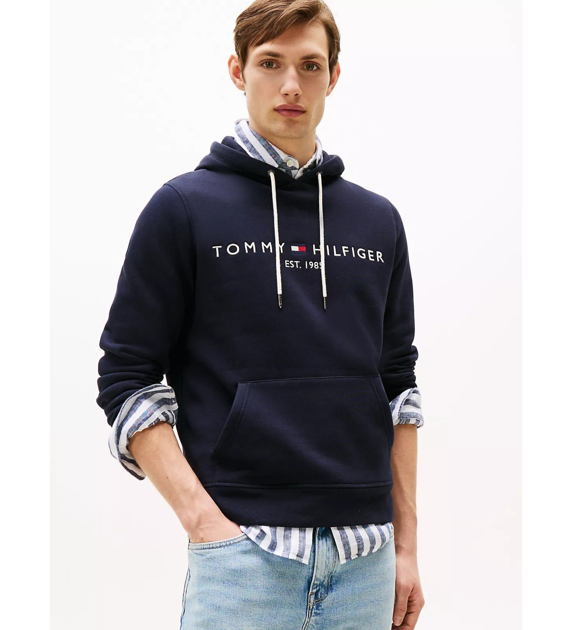 Tommy Hilfiger für Herren. MW0MW10752 Sweatshirt Core Logo navy (S), Lässig, Polyester, Langarm, Bio-Baumwolle, Marine