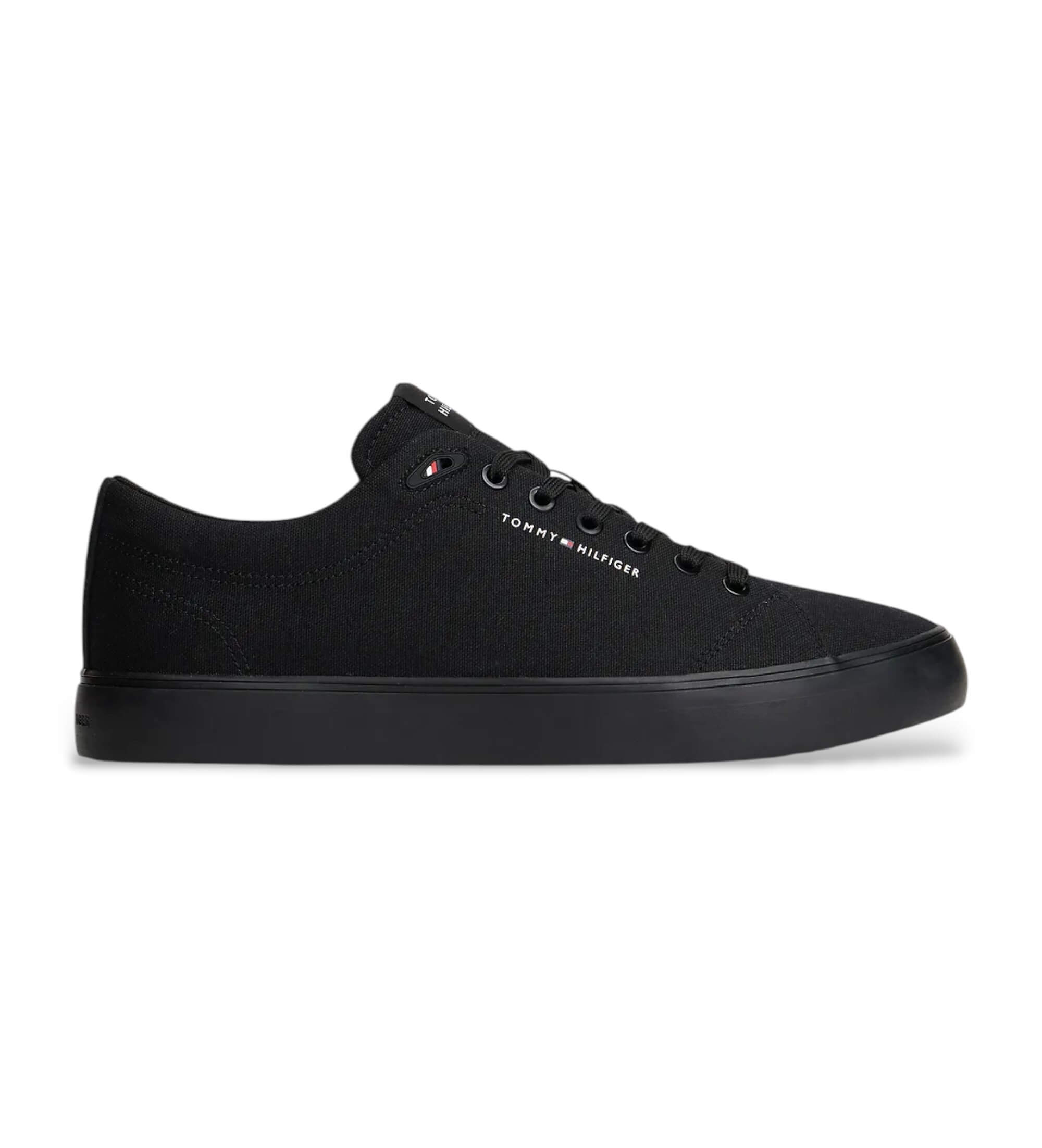 Tommy Hilfiger für Herren. FM0FM05817 Turnschuhe aus Canvas mit schwarzem Logo (44), Stoff, Wohnung, Schnürsenkel, Lässig, Segeltuch