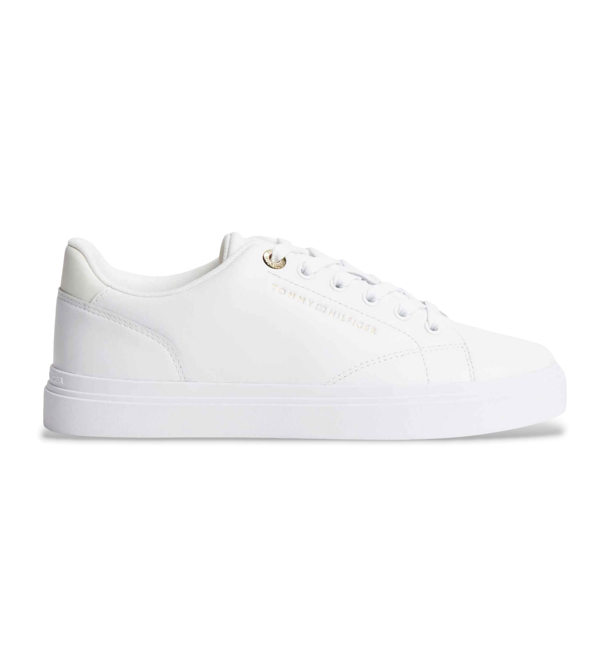 Tommy Hilfiger für Damen. FW0FW09105 Weiße Lederturnschuhe mit Metallic-Logo (40), Wohnung, Schnürsenkel, Lässig