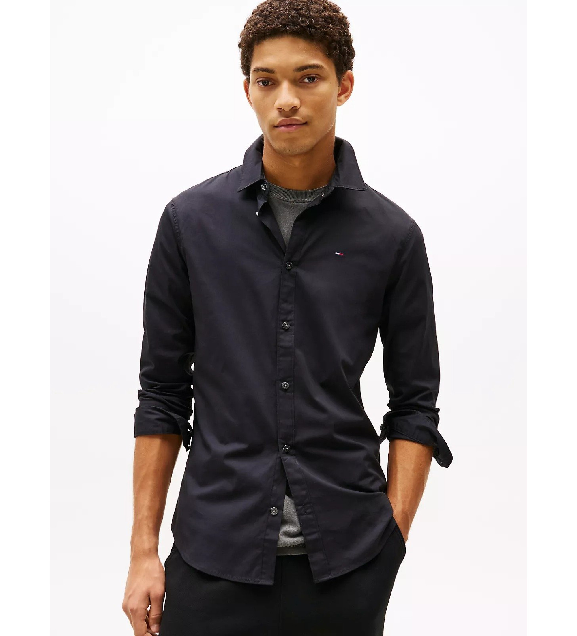 Tommy Jeans für Herren. DM0DM04405 Original Stretch Popeline Hemd schwarz (XXL), Lässig, Baumwolle, Langarm