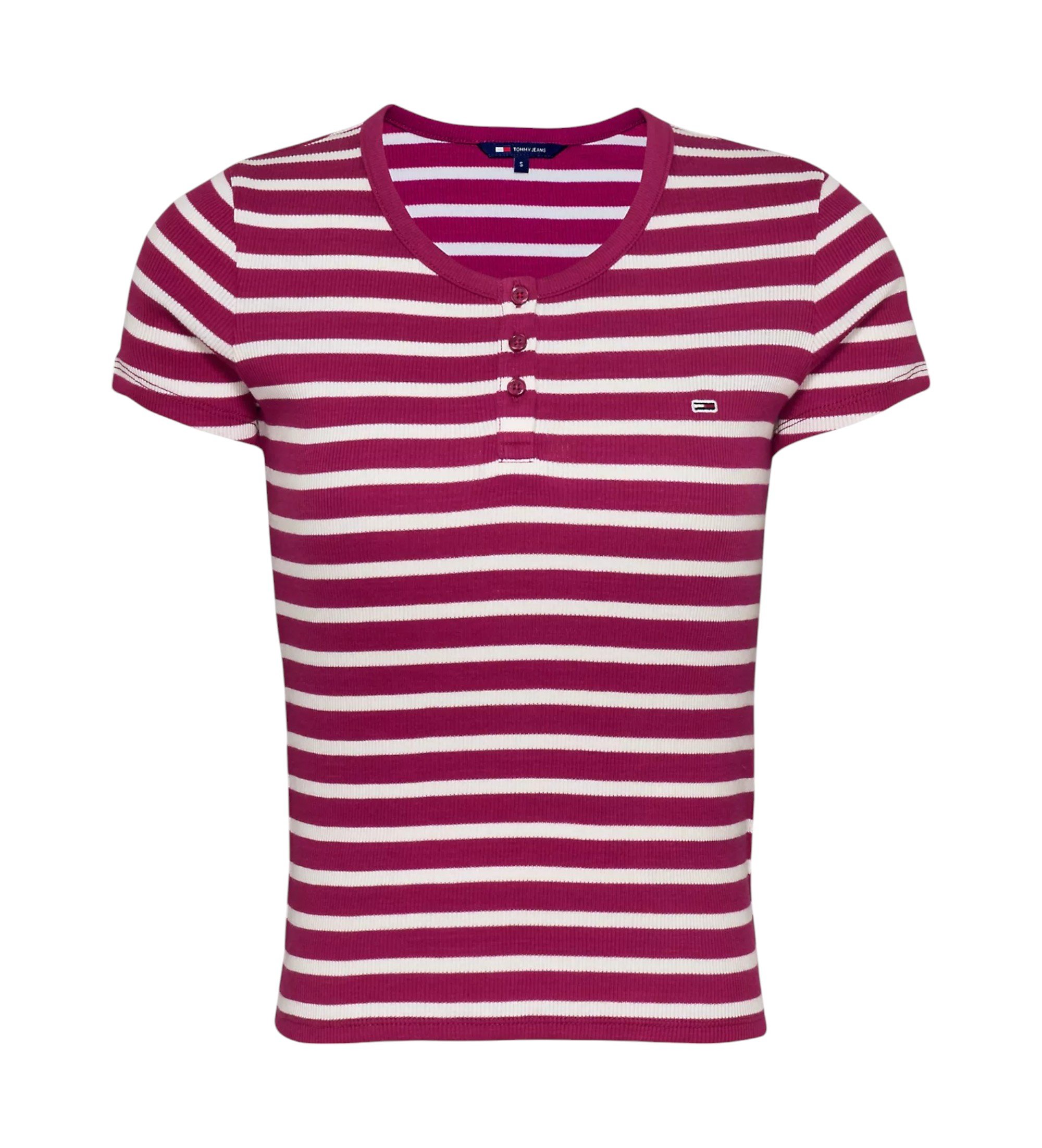 Tommy Jeans für Damen. DW0DW19502 Kurzärmeliges burgunderfarbenes T-Shirt mit schmalem Knopf (M), Lässig, Kurzarm, Bio-Baumwolle, Nachhaltig