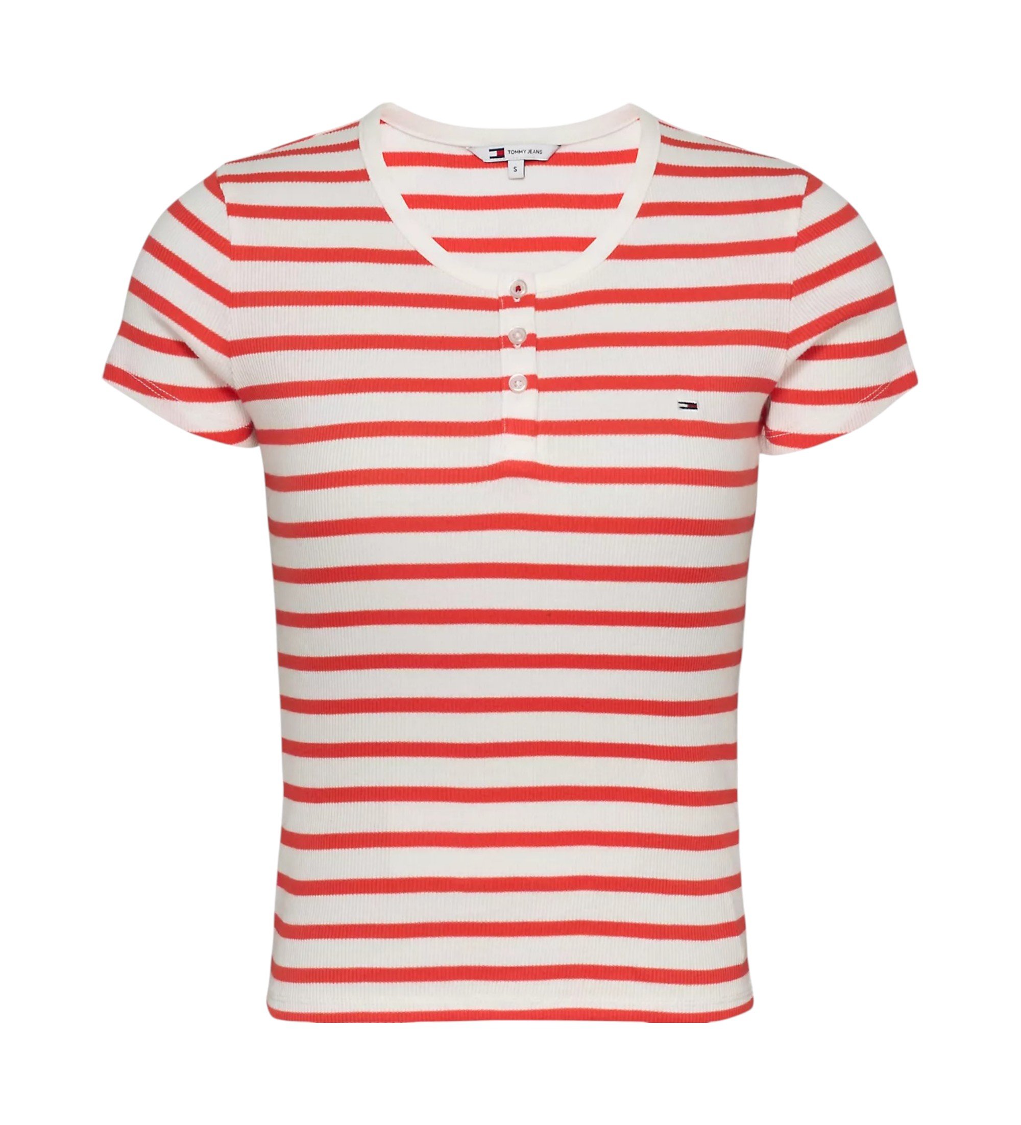 Tommy Jeans für Damen. DW0DW19502 Kurzarm-T-Shirt slim button rot (M), Lässig, Bio-Baumwolle, Nachhaltig