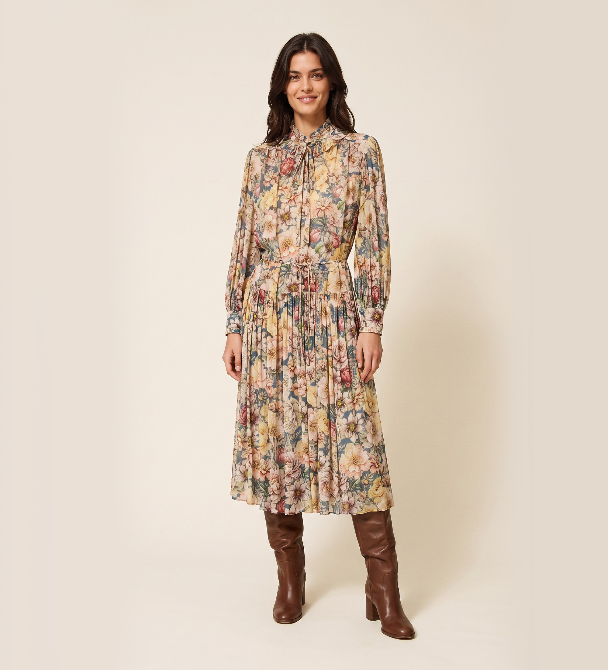 Twinset für Damen. 262TT2610 Langes Kleid aus mehrfarbigem Blumen-Crêpe (40), Lässig, Viskose, Langarm
