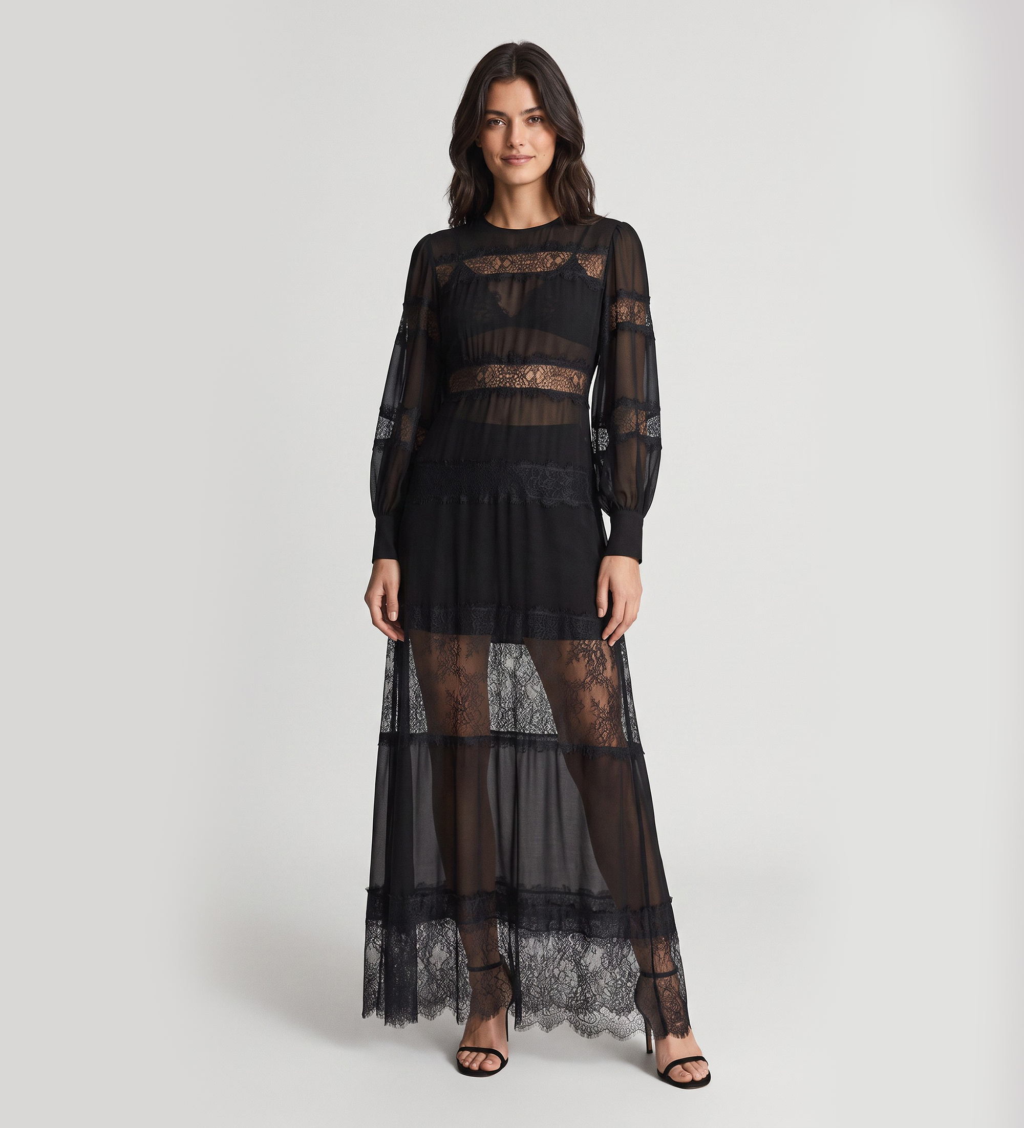 Twinset für Damen. 262TT2630 Langes Kleid aus Georgette und schwarzer Spitze (42), Party, Viskose, Langarm