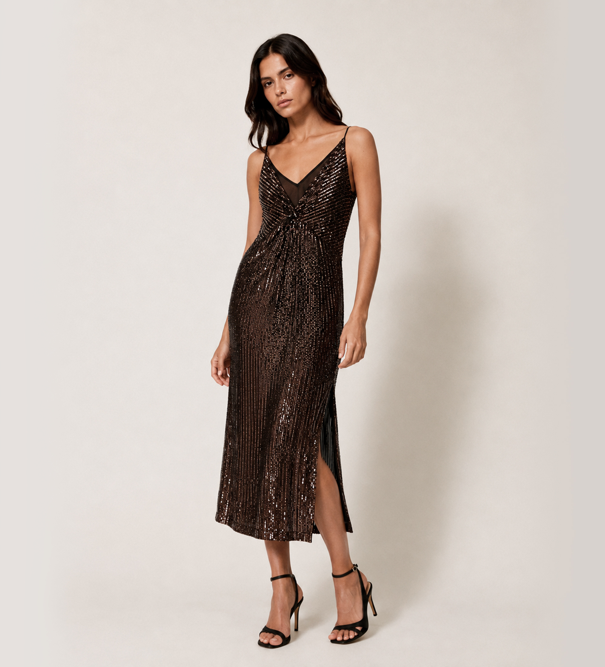 Twinset für Damen. 262TT2140 Langes Kleid mit braunen Pailletten (40), Party, Polyester, Ärmellos / Hosenträger