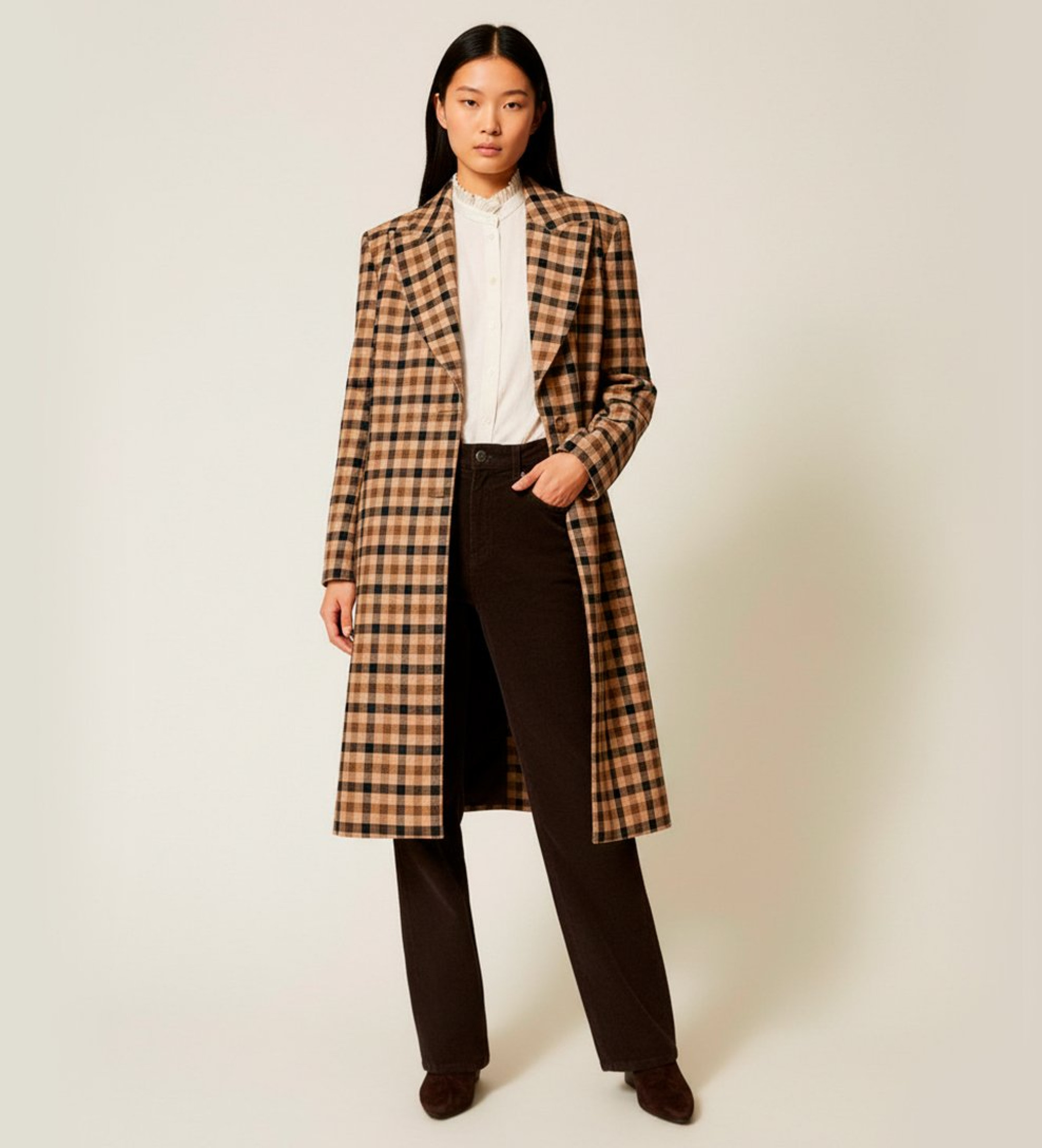Twinset für Damen. 252TT2430 Braun karierter Mantel aus Wollgemisch (44), Lässig, Wolle