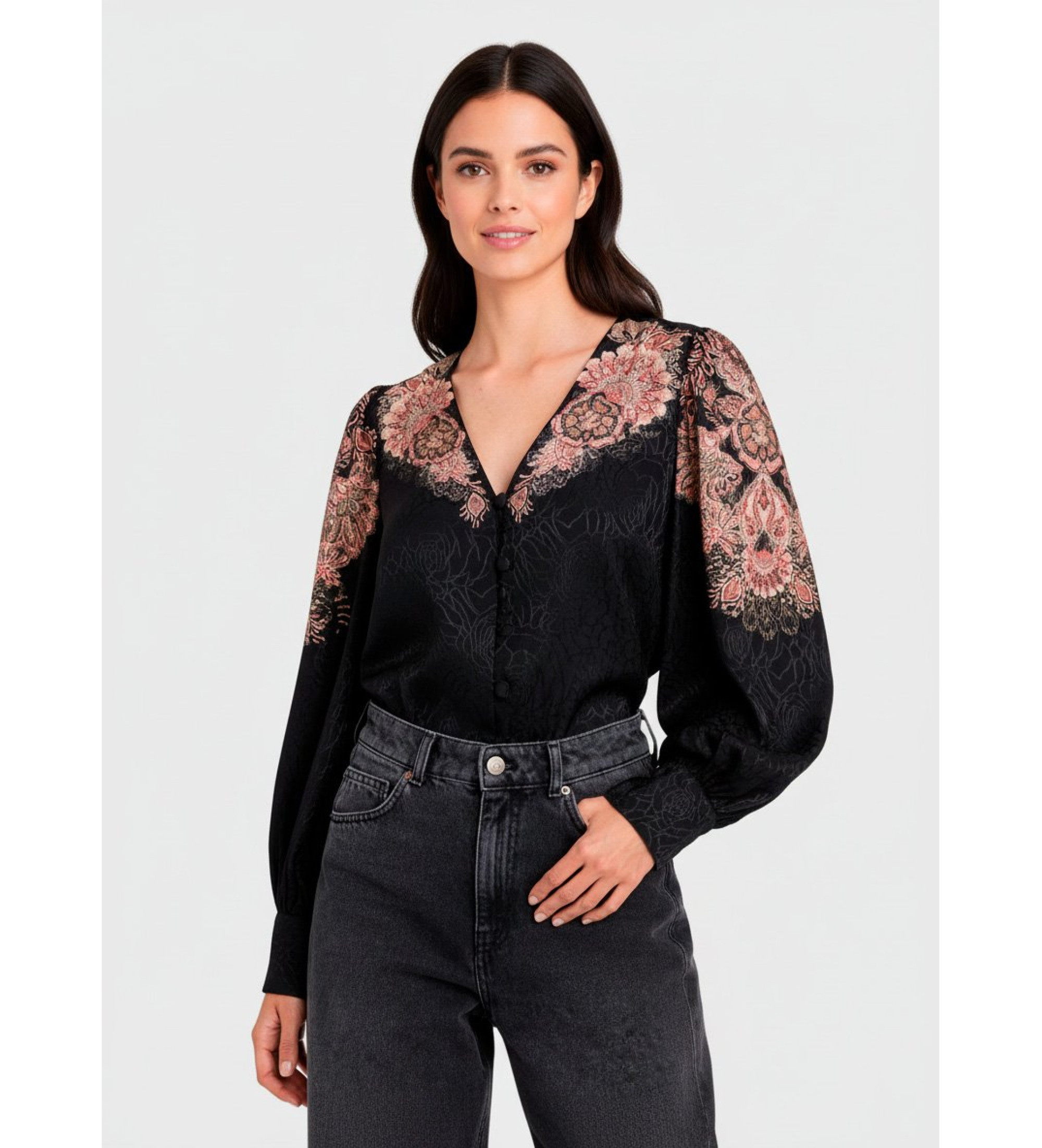 Twinset für Damen. 252TP2046 Schwarze geblümte Bluse (44), Lässig, Baumwolle, Blumen, Langarm