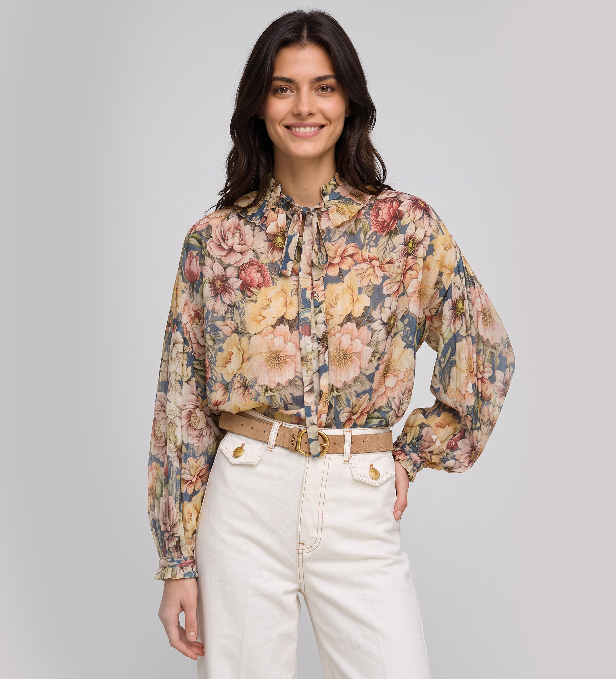 Twinset für Damen. 262TT2611 Mehrfarbiges Blumen-Crêpe-Hemd (44), Lässig, Viskose, Langarm
