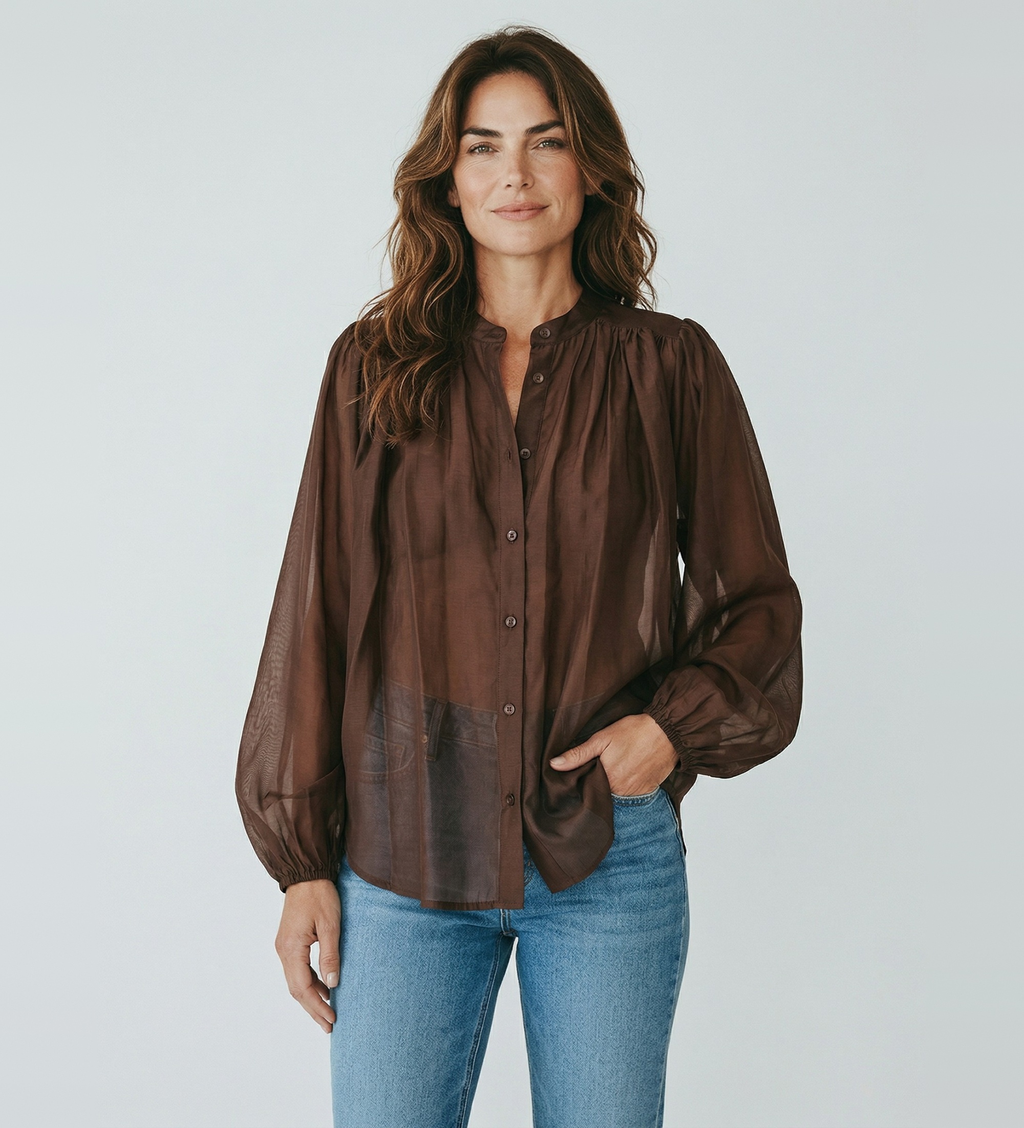 Twinset für Damen. 261TF2040 Braunes gerafftes Chiffonhemd (42), Lässig, Langarm, Lyocell