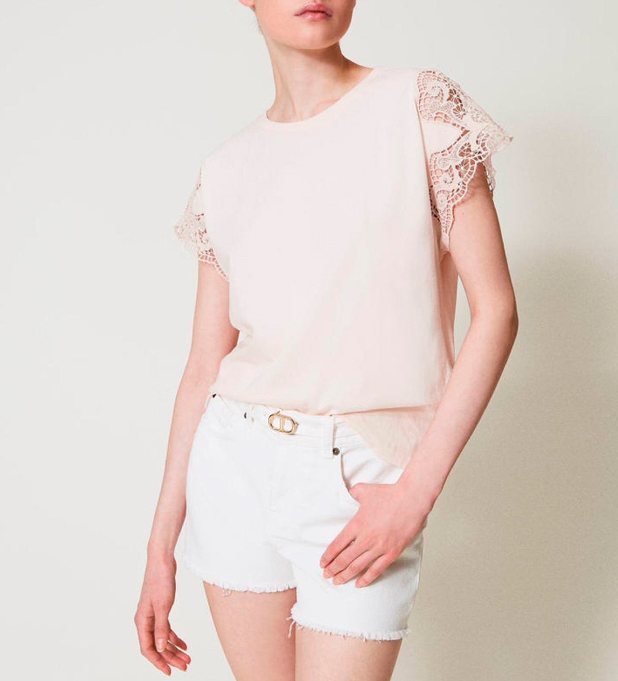 Twinset für Damen. 251TP2290 Standard-T-Shirt mit beiger Spitze (M), Lässig, Baumwolle, Kurzarm