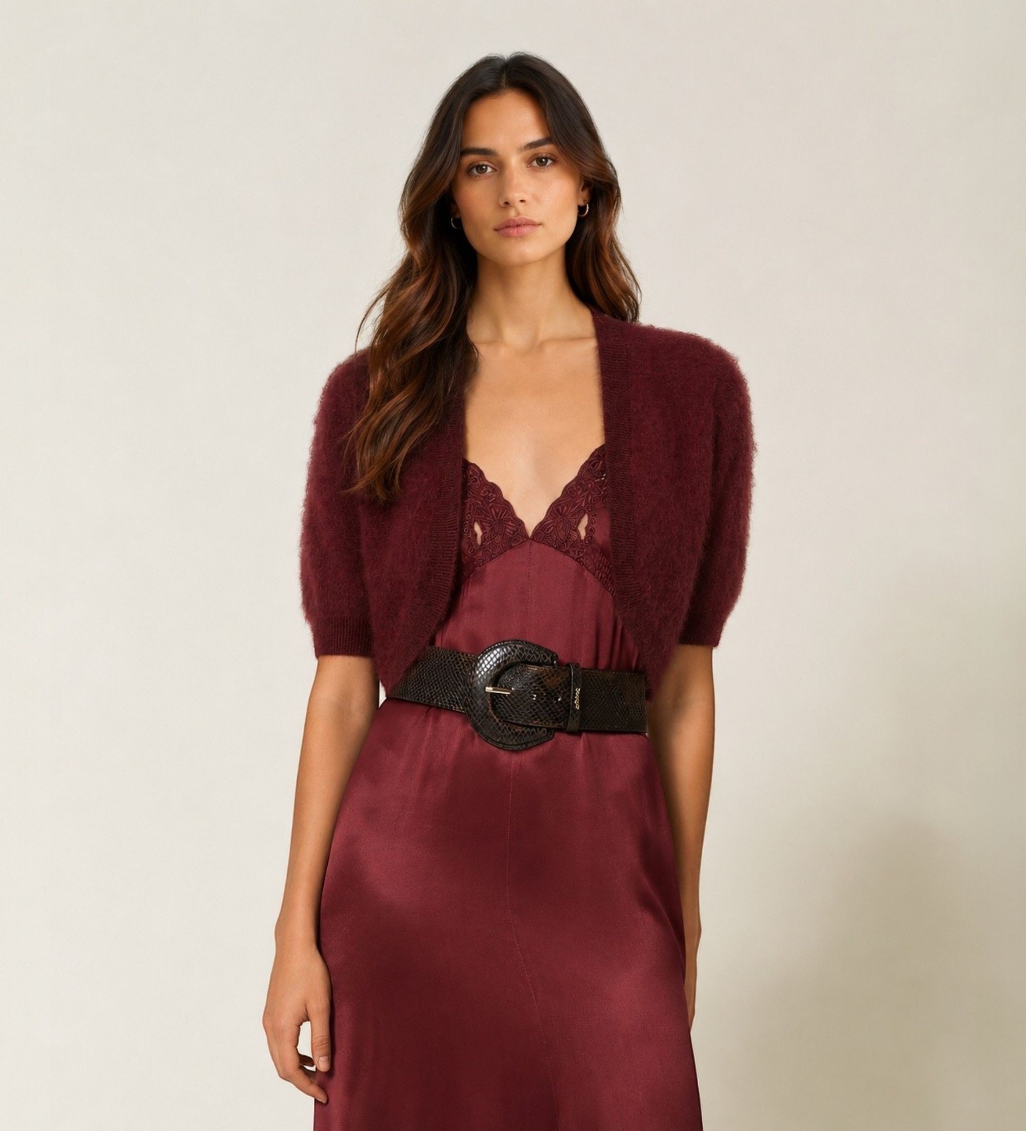 Twinset für Damen. 262TT3022 Bolero aus gebürsteter Wollmischung in Bordeaux (S), Lässig, Kastanienbraun, Wolle