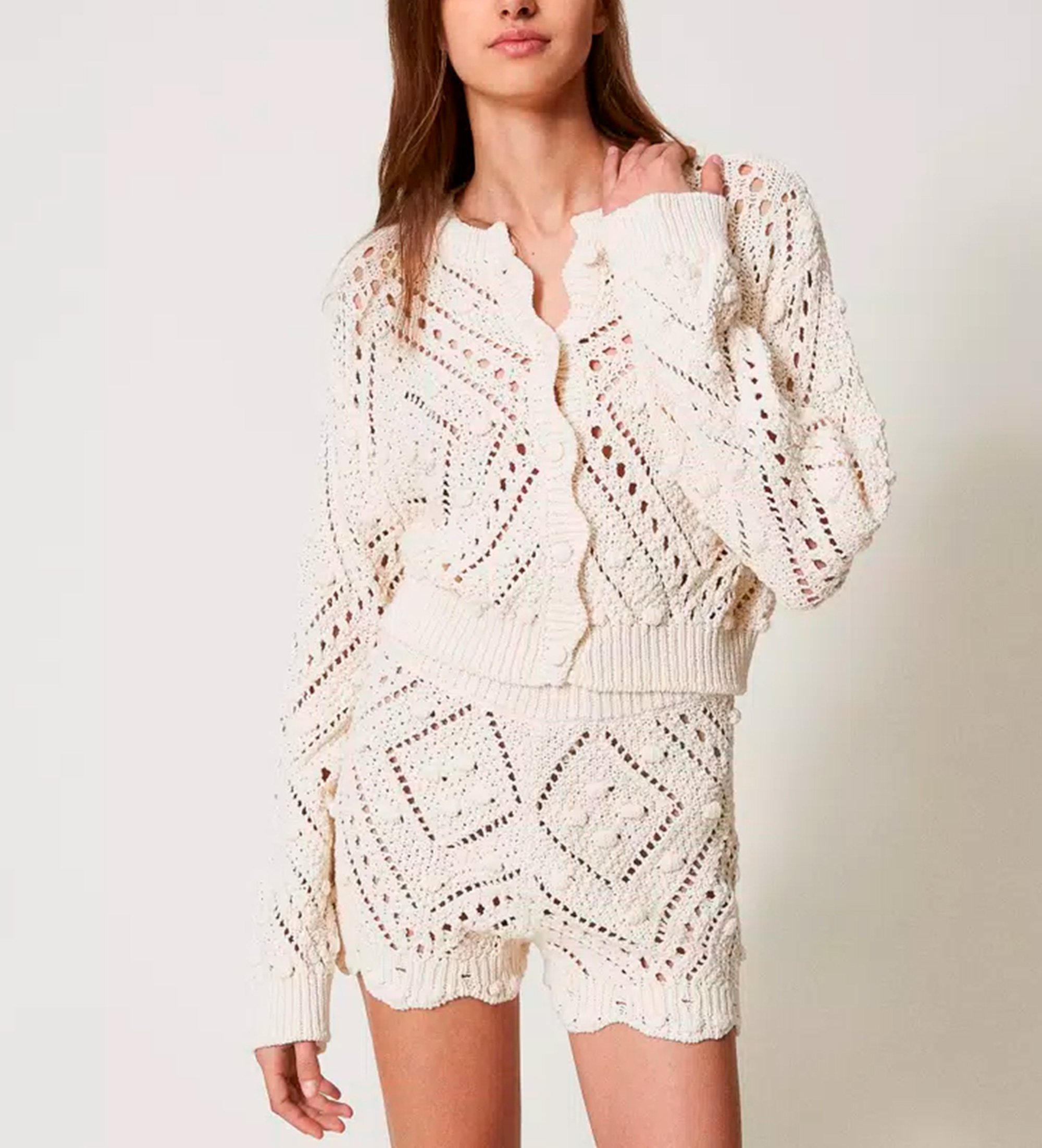 Twinset für Damen. 251TP3541 Durchbrochene Strickjacke aus beiger Baumwollmischung (M), Lässig, Baumwolle