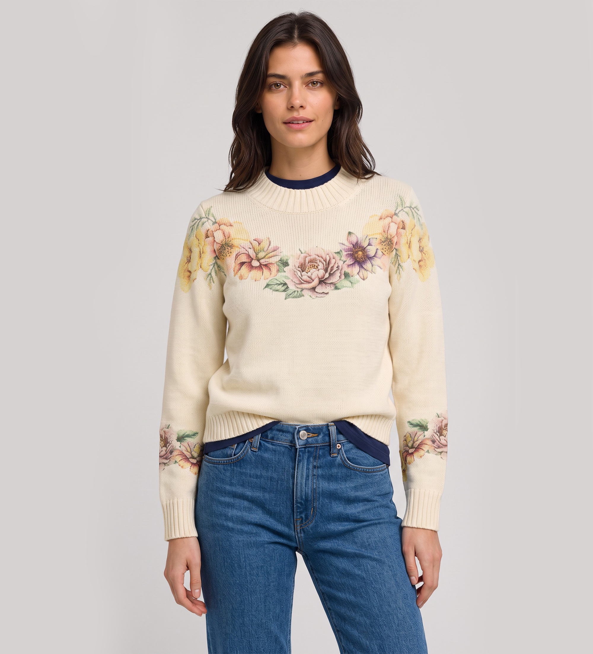 Twinset für Damen. 262TT3460 Pullover aus Wollmischung mit beigefarbenem Print (M), Lässig, Wolle, Blumen, Langarm