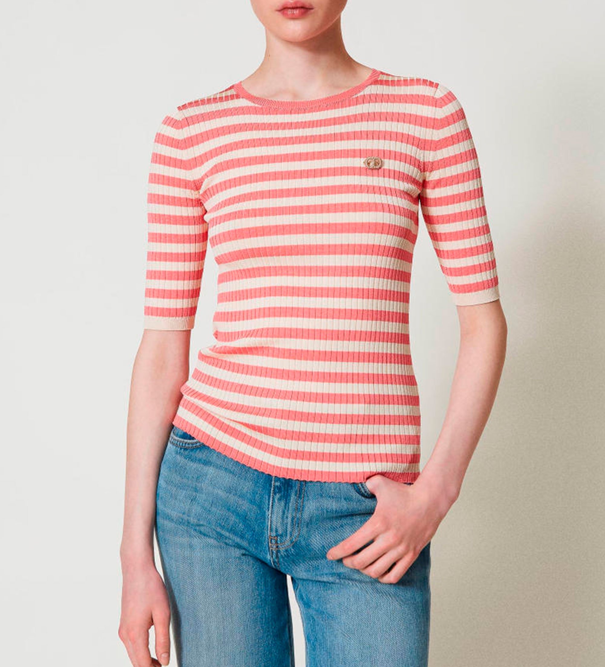 Twinset für Damen. 251TP3470 Rosa, beige gestreifter Pullover mit kurzen Ärmeln (M), Lässig, Viskose, Kurzarm