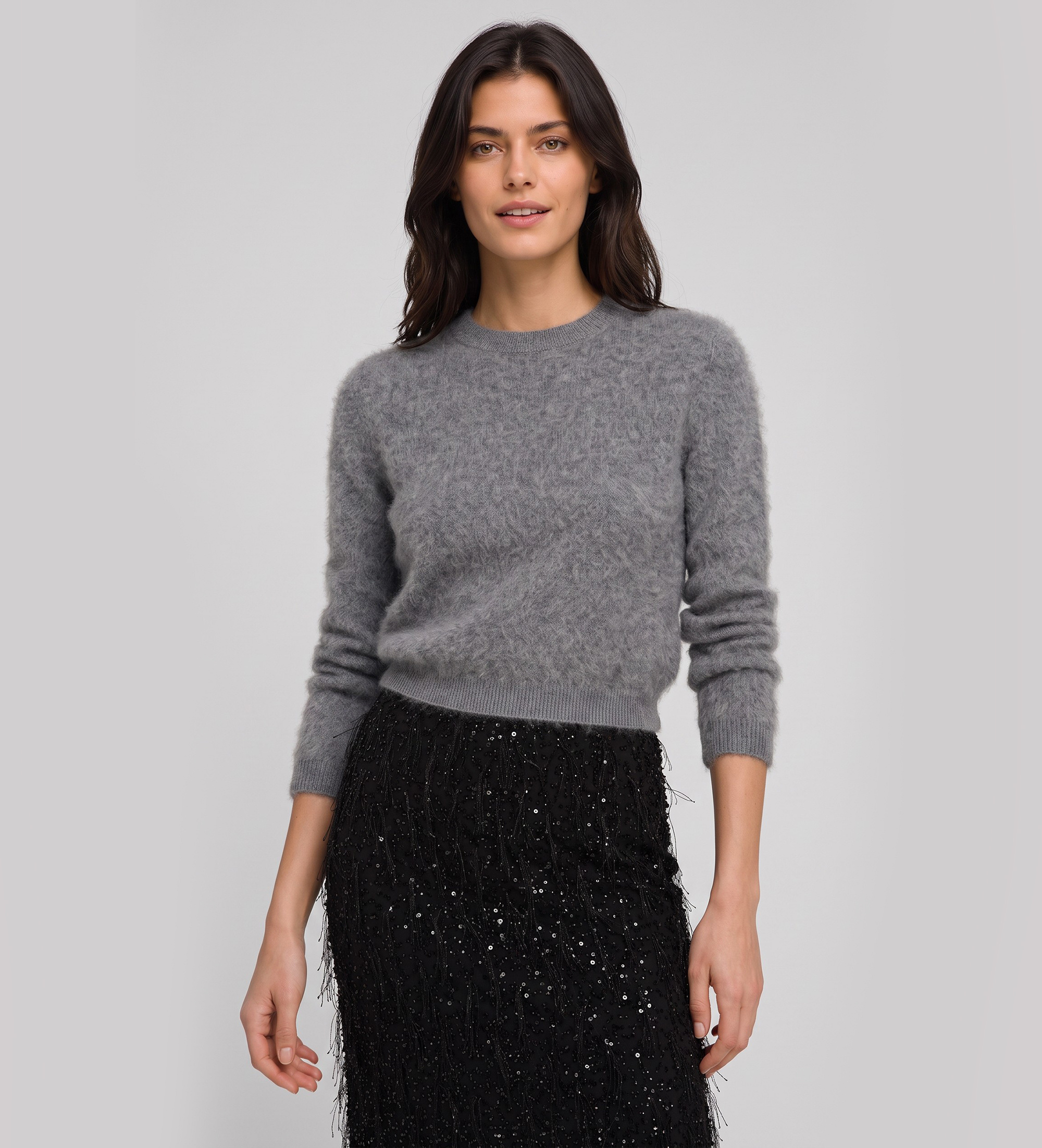 Twinset für Damen. 262TT3024 Rundhalspullover aus gebürsteter Wolle in Grau (L), Lässig, Langarm