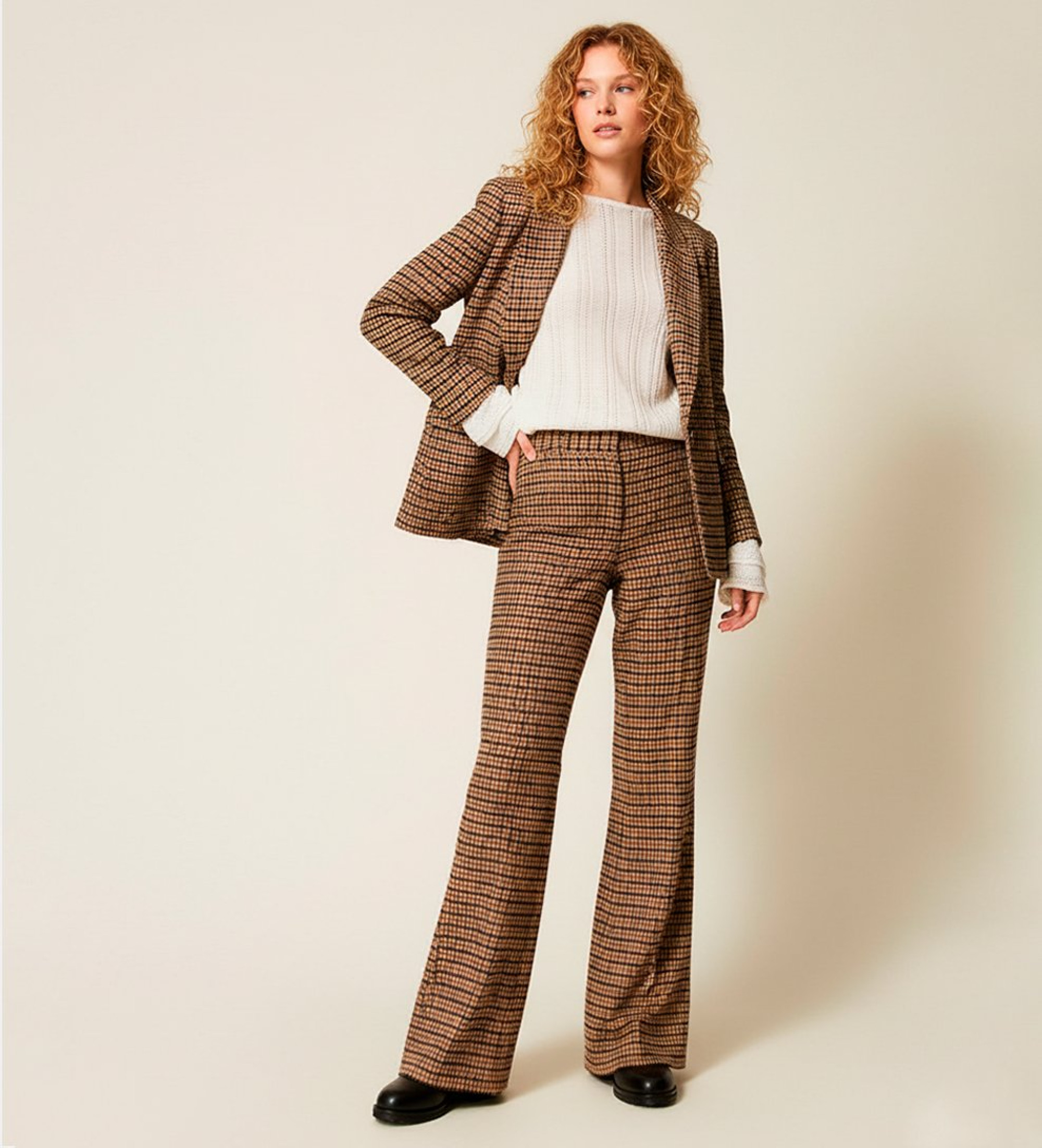 Twinset für Damen. 252TT2421 Braun karierte Hose aus Wollgemisch (42), Lässig, Wolle