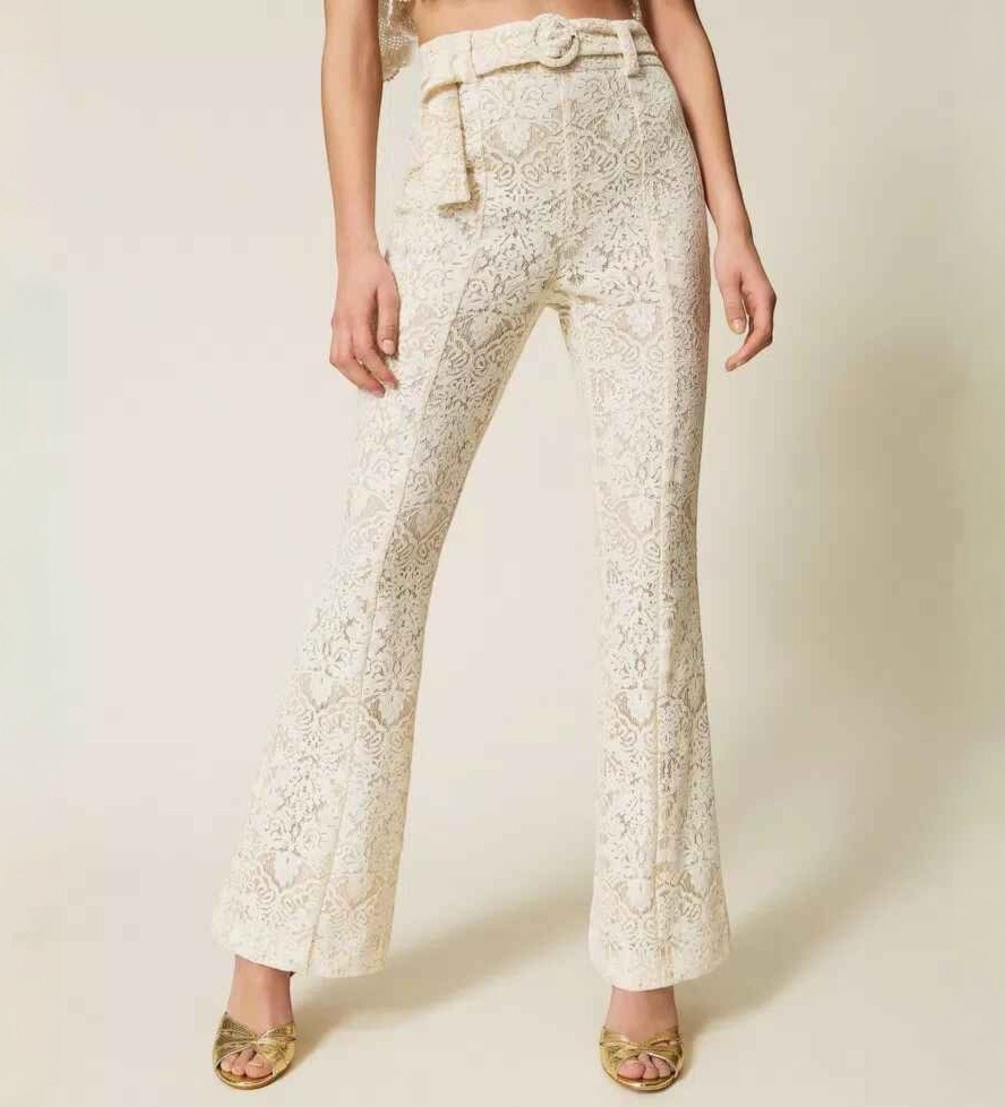 Twinset für Damen. 261TT2314 Ausgestellte Spitzenhose mit beigem Bund (42), Lässig, Baumwolle