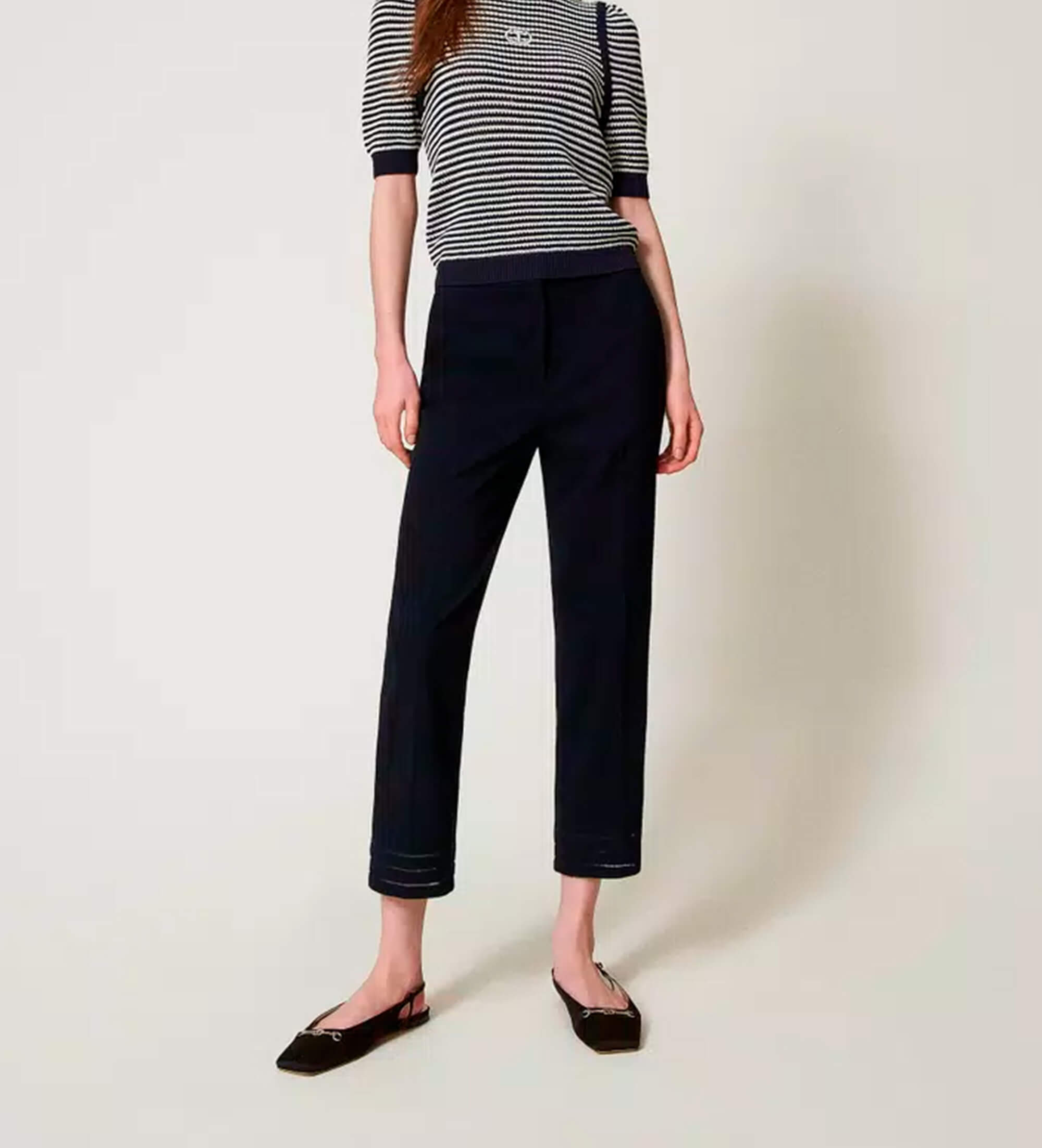 Twinset für Damen. 251TP2042 Gerade Hose mit marineblauer Stickerei (40), Lässig, Polyester