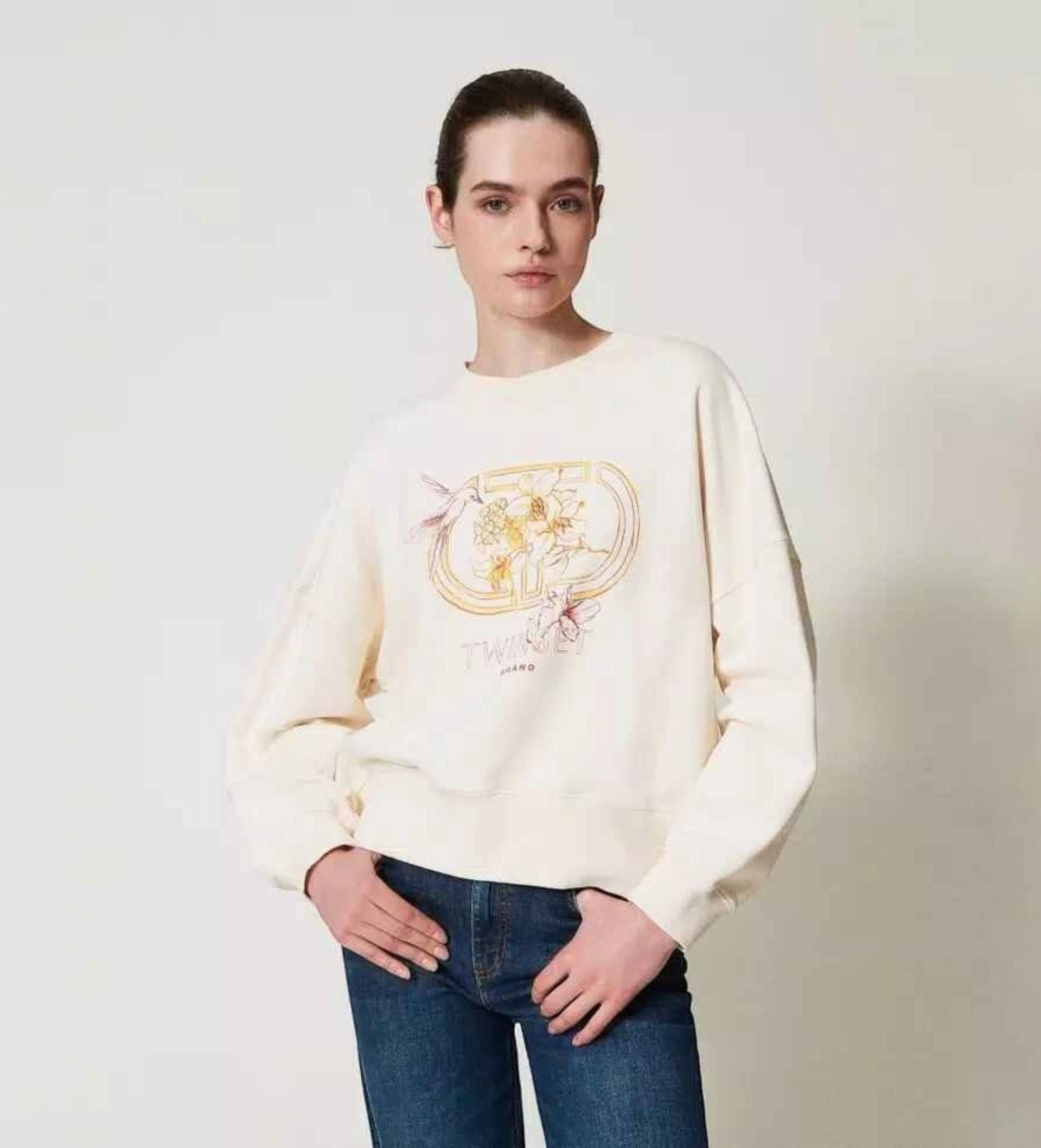 Twinset für Damen. 251TP2484 Beigefarbenes Sweatshirt mit Kolibri-Druck (M), Lässig, Baumwolle