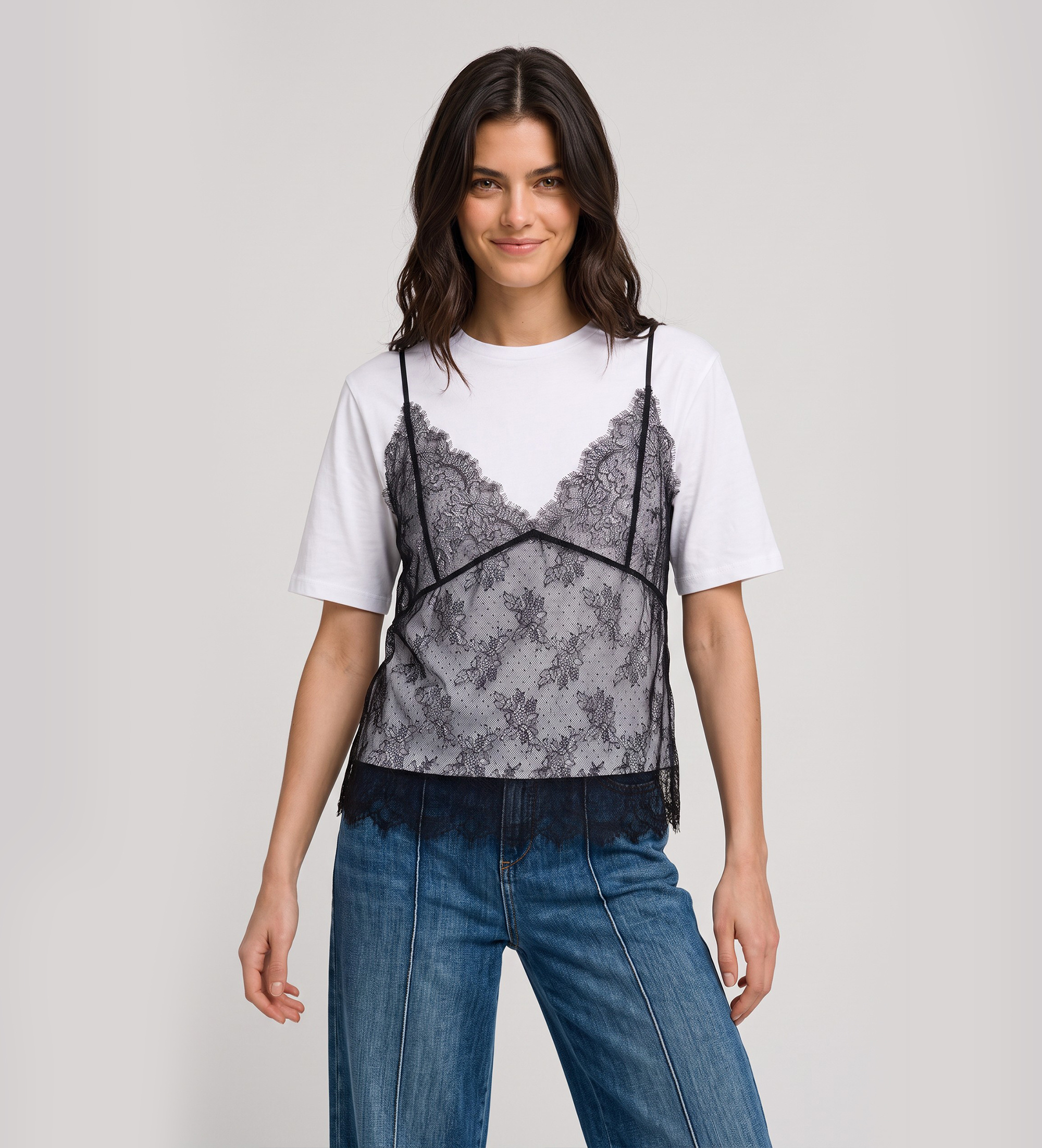 Twinset für Damen. 262TT2553 Rundhalsshirt und weißes Spitzentop (S), Lässig, Baumwolle, 3/4 Ärmel