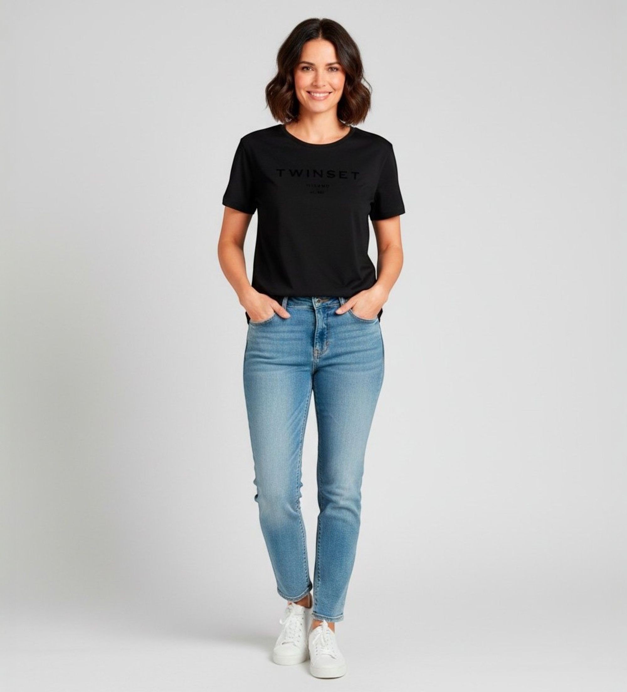 Twinset für Damen. 252TP2050 Logo-T-Shirt schwarz (S), Lässig, Baumwolle, Kurzarm