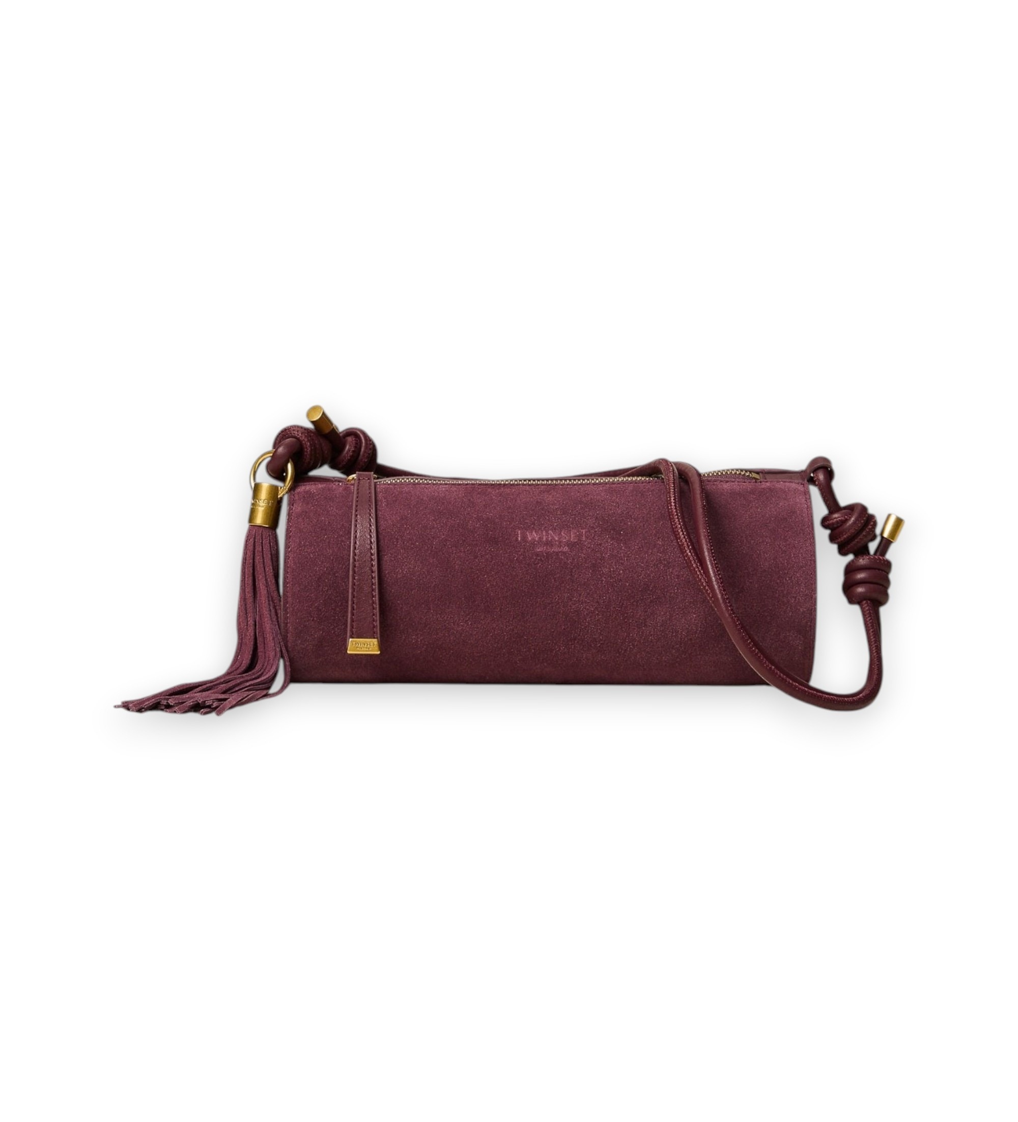 Twinset für Damen. 262TD8232 Zylindrische Wildledertasche mit bordeauxroter Quaste (OSFA), Lässig, Kastanienbraun