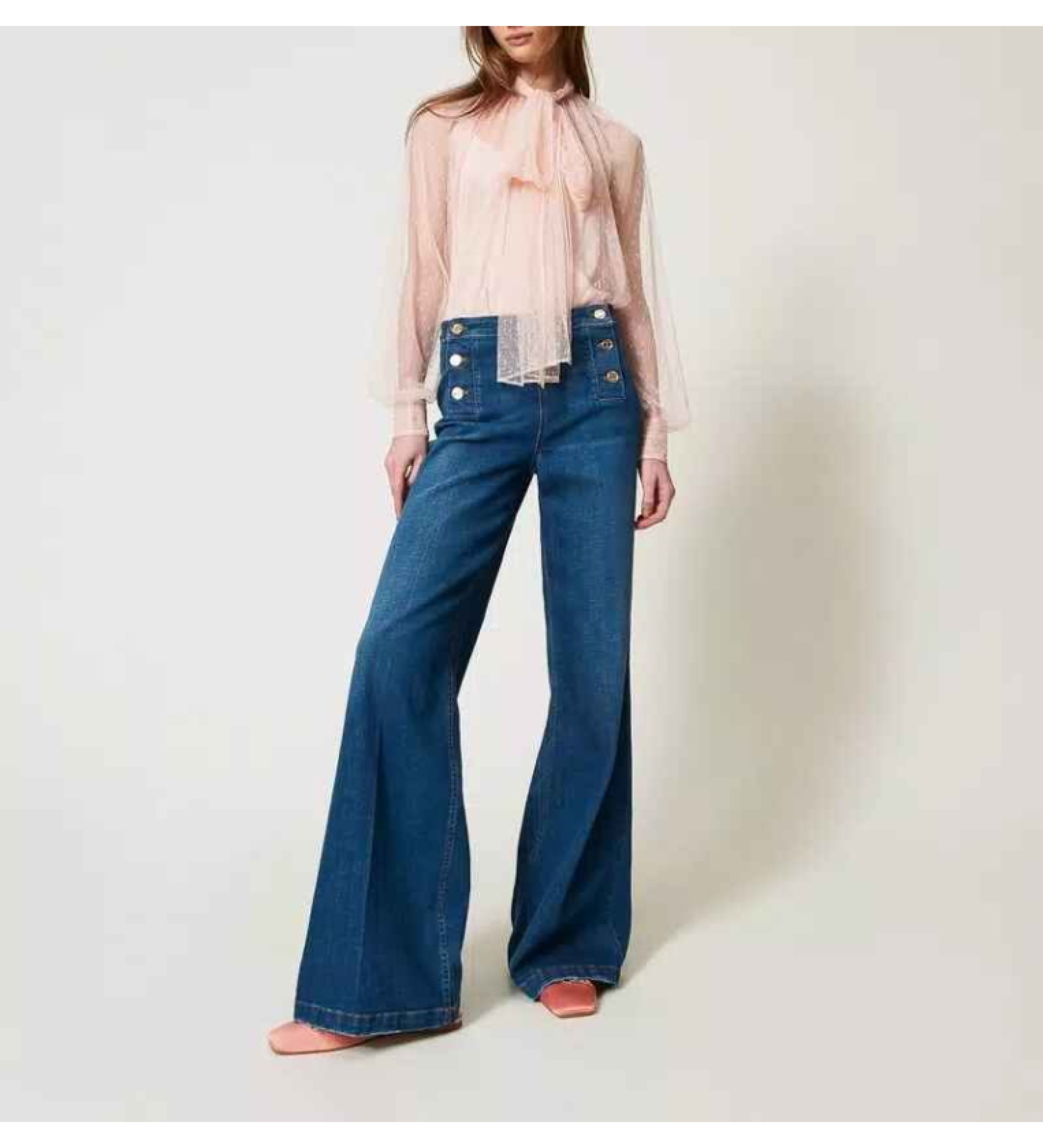 Twinset für Damen. 251TP2574 Flared Jeans mit Zierknöpfen blau (30), Lässig, Baumwolle, Denim