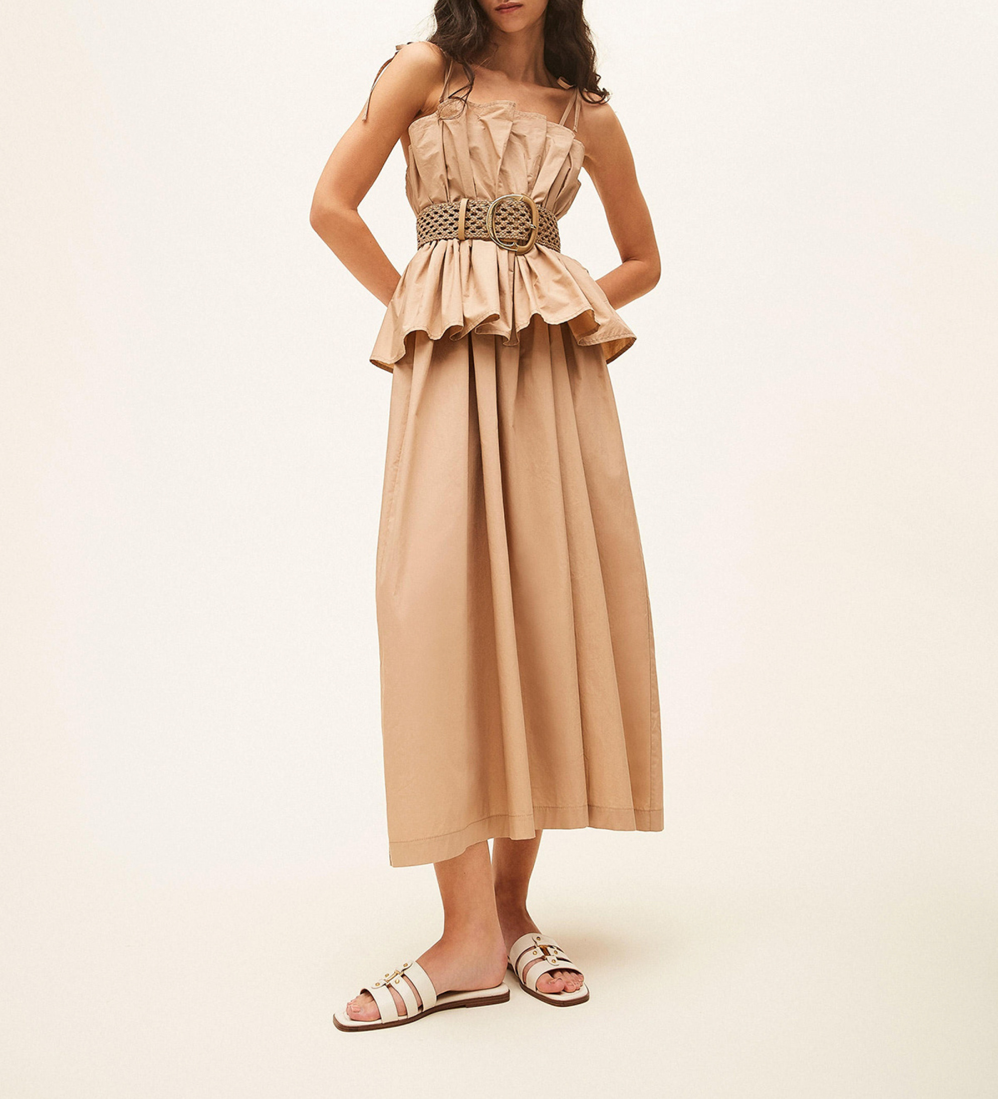 Twinset für Damen. 261TF2030 Popeline-Kleid mit beiger Rüsche (42), Lässig, Party, Baumwolle, Ärmellos / Hosenträger