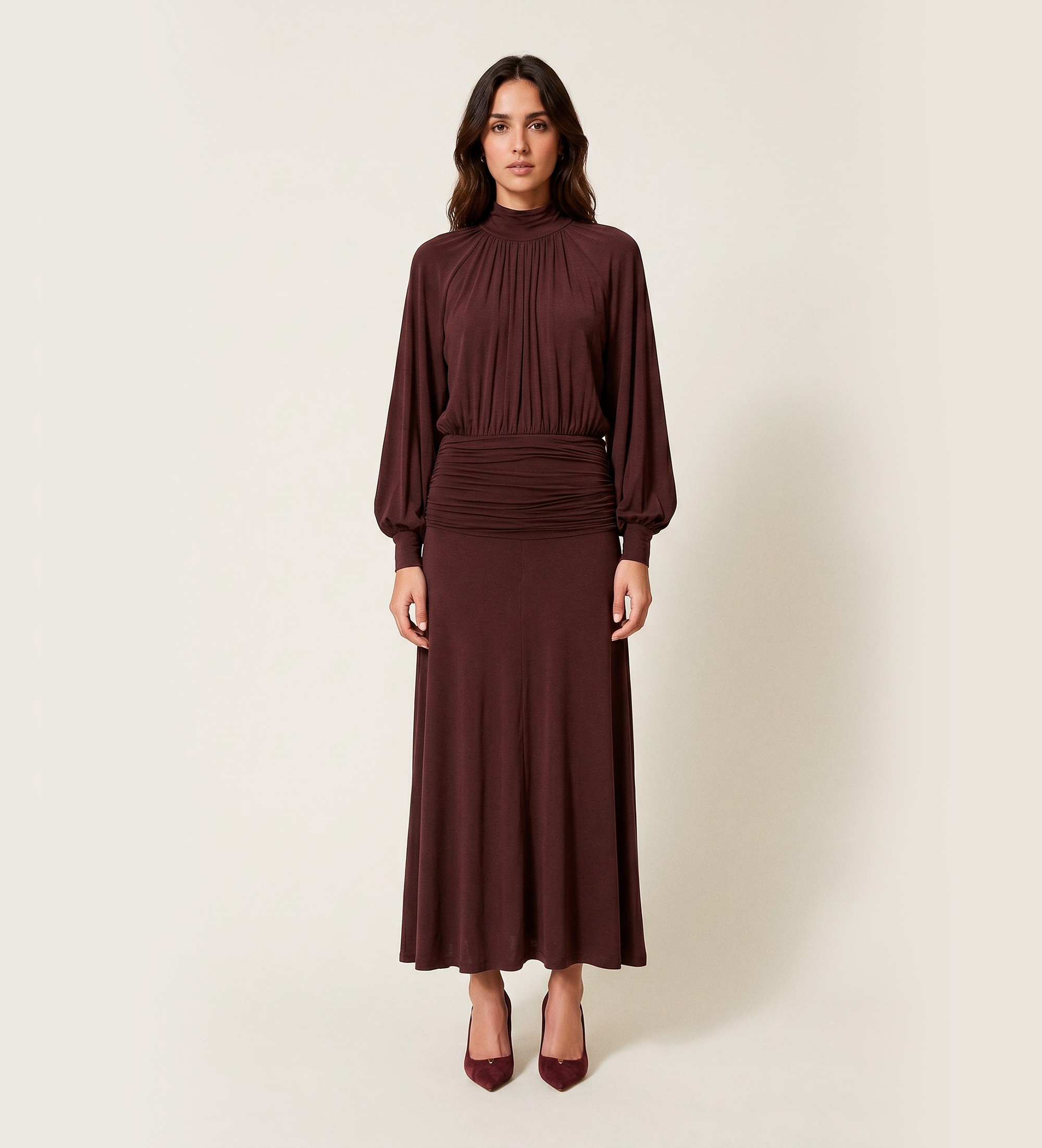 Twinset für Damen. 262TF2061 Langes Kleid mit weinroten Drapierungen (38), Lässig, Kastanienbraun, Viskose, Langarm