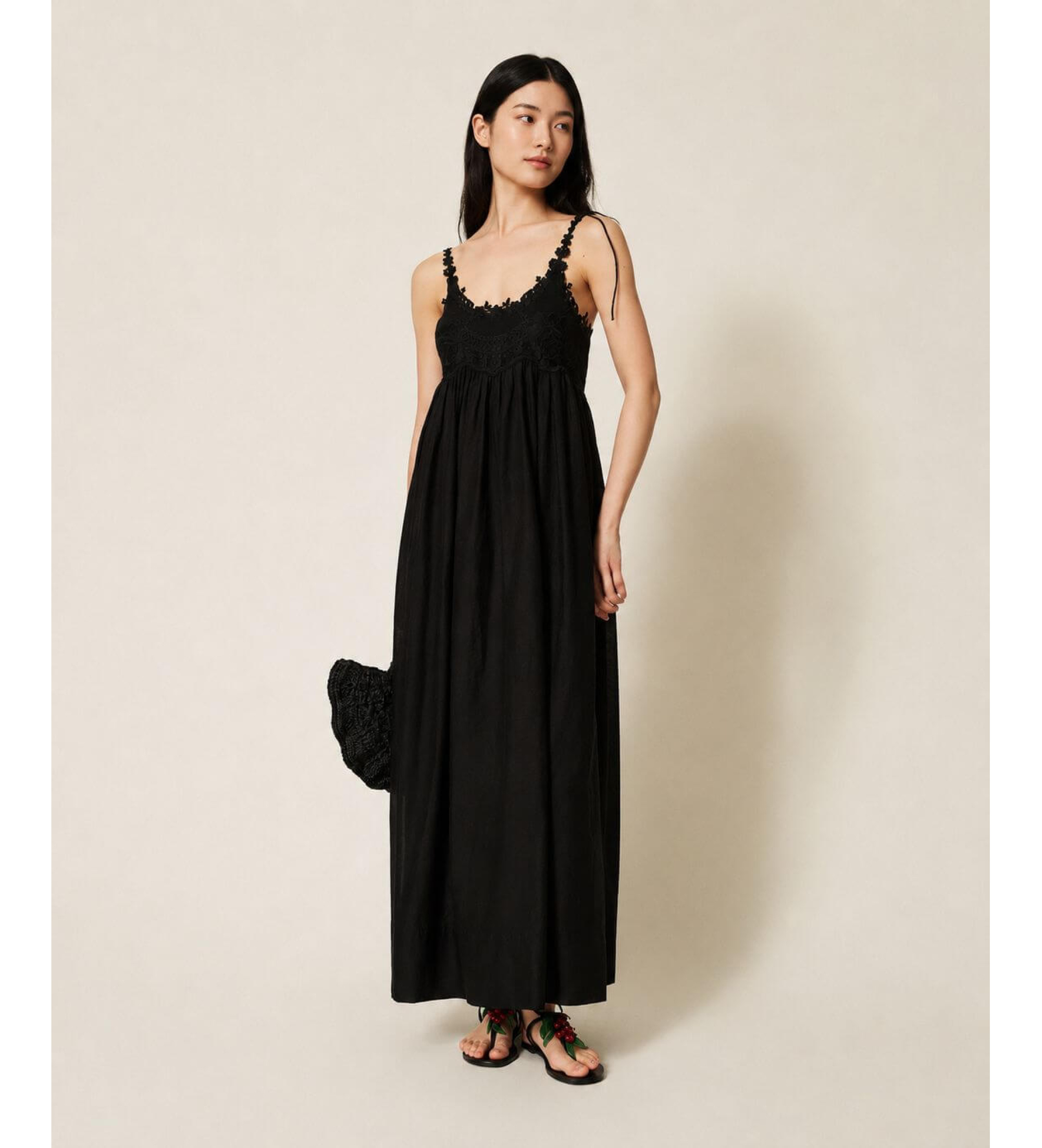 Twinset für Damen. 261TT2140 Langes Kleid mit schwarzem Volant (44), Lässig, Baumwolle, Ärmellos / Hosenträger