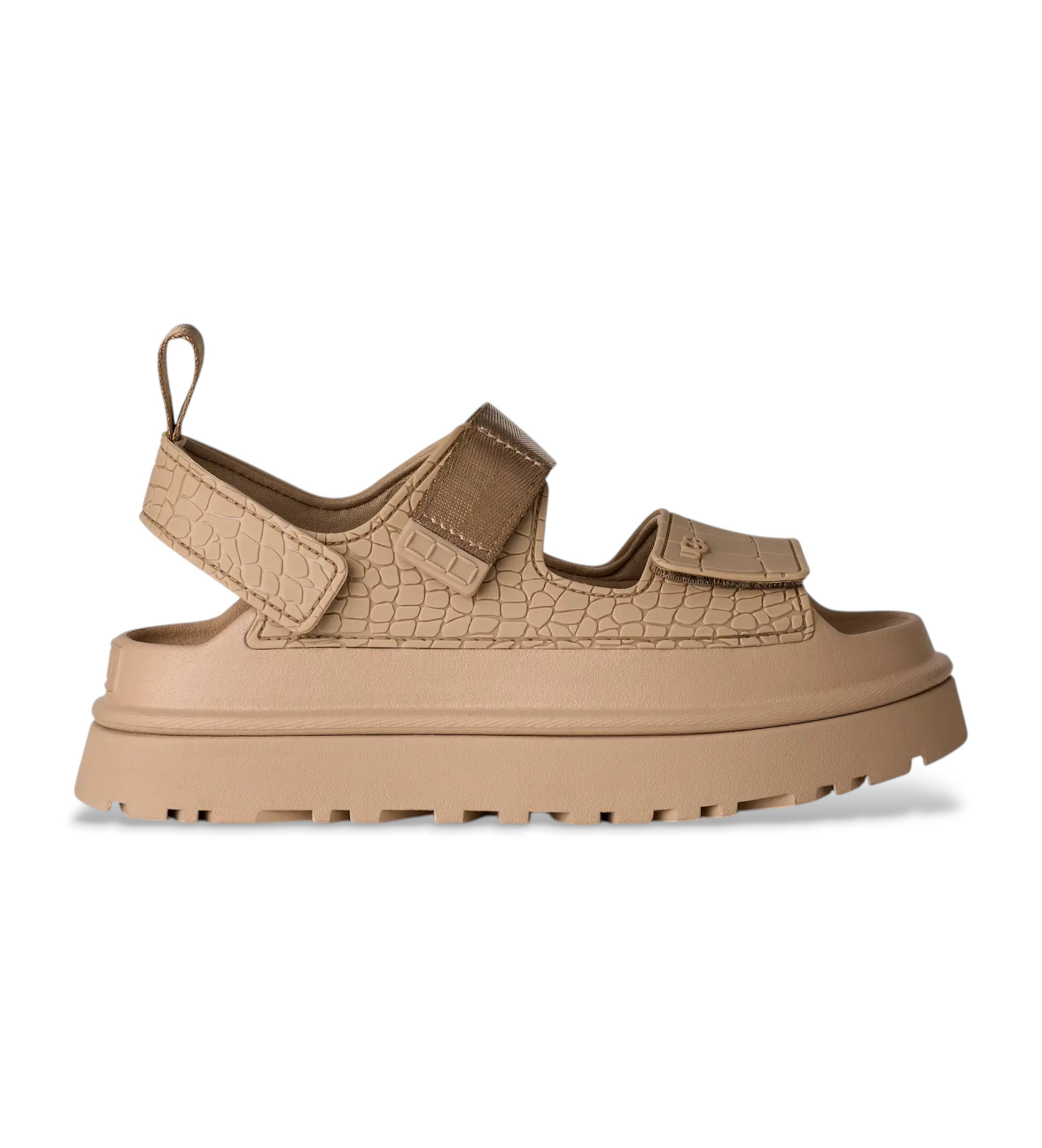 UGG für Damen. 1175311 GoldenGlow Geprägte beige Ledersandalen (40), 3 bis 5 cm, Klettverschluss, Lässig