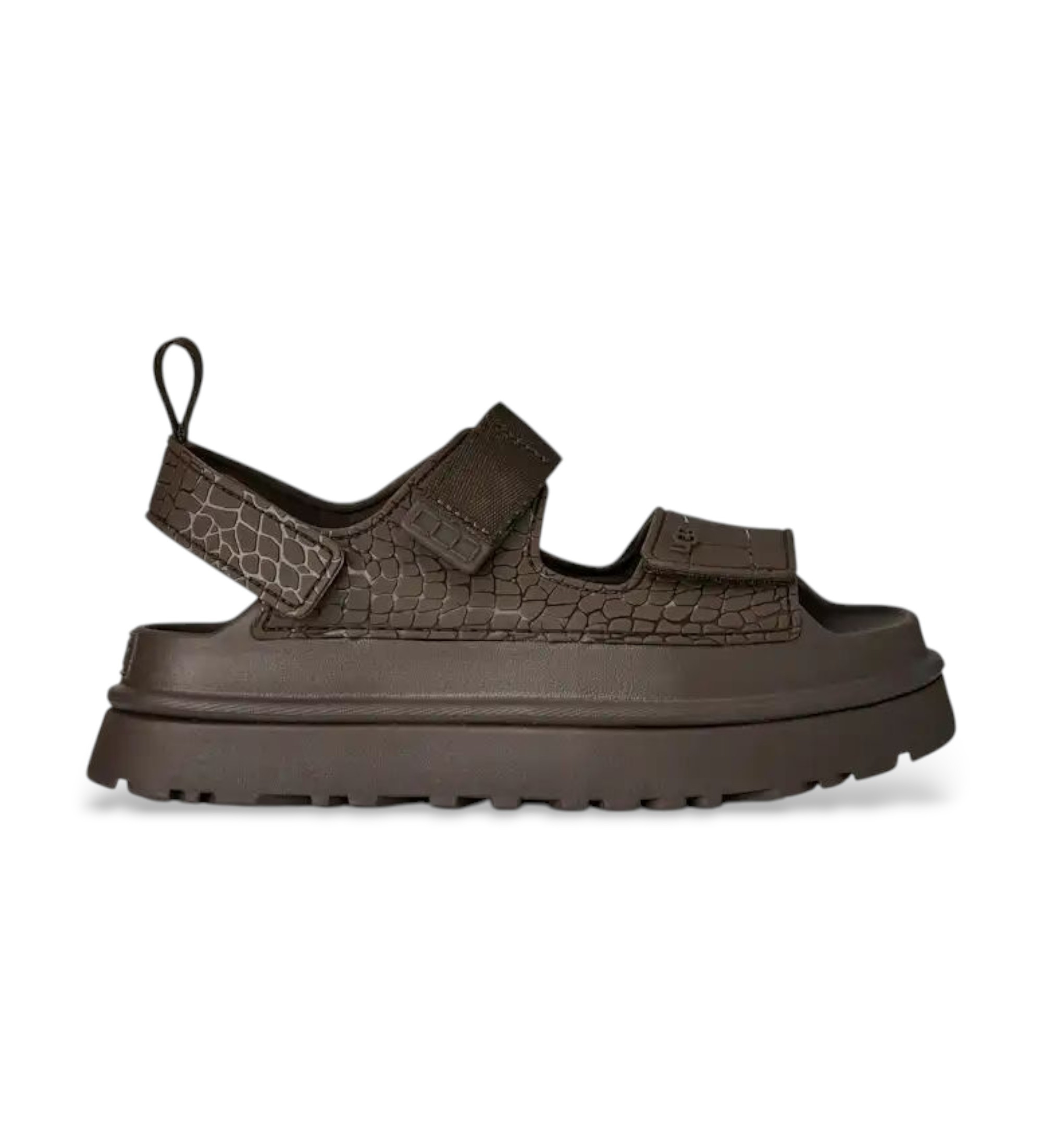 UGG für Damen. 1175311 GoldenGlow Geprägte braune Ledersandalen (41), 3 bis 5 cm, Klettverschluss, Lässig